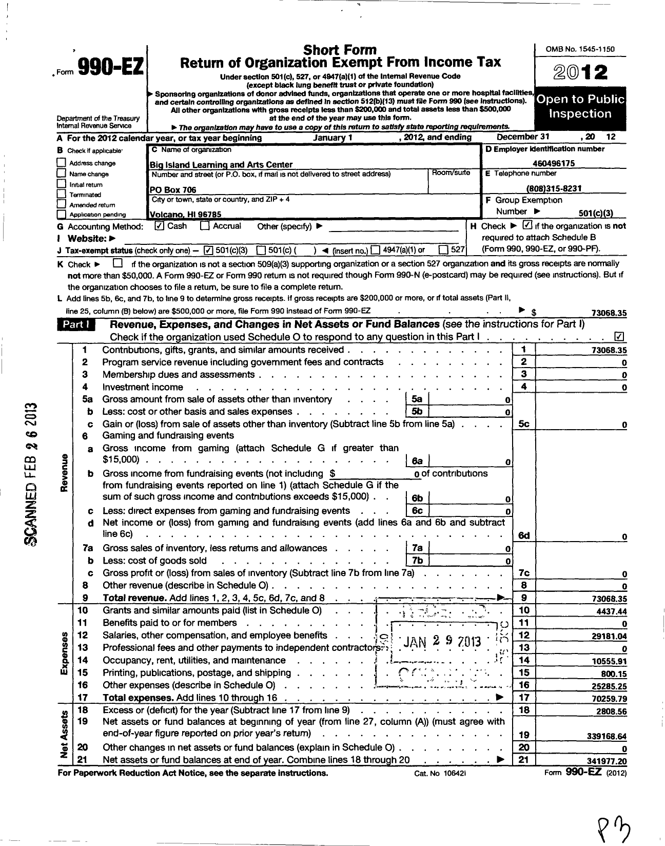 Image of first page of 2012 Form 990EZ for Big Island Learning and Arts Center