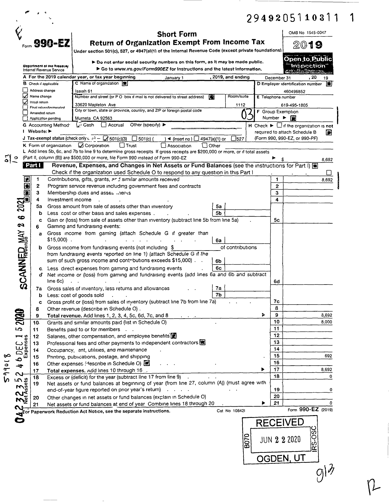 Image of first page of 2019 Form 990EZ for Isaiah 61