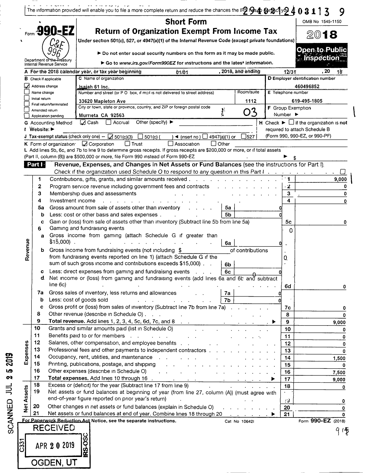 Image of first page of 2018 Form 990EZ for Isaiah 61