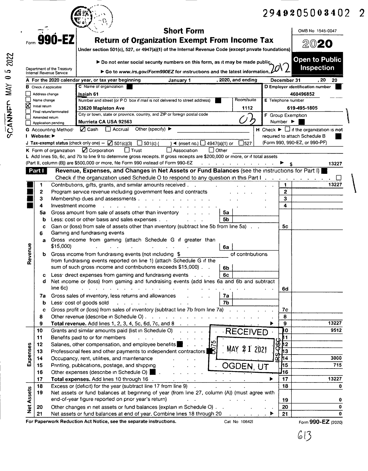 Image of first page of 2020 Form 990EZ for Isaiah 61