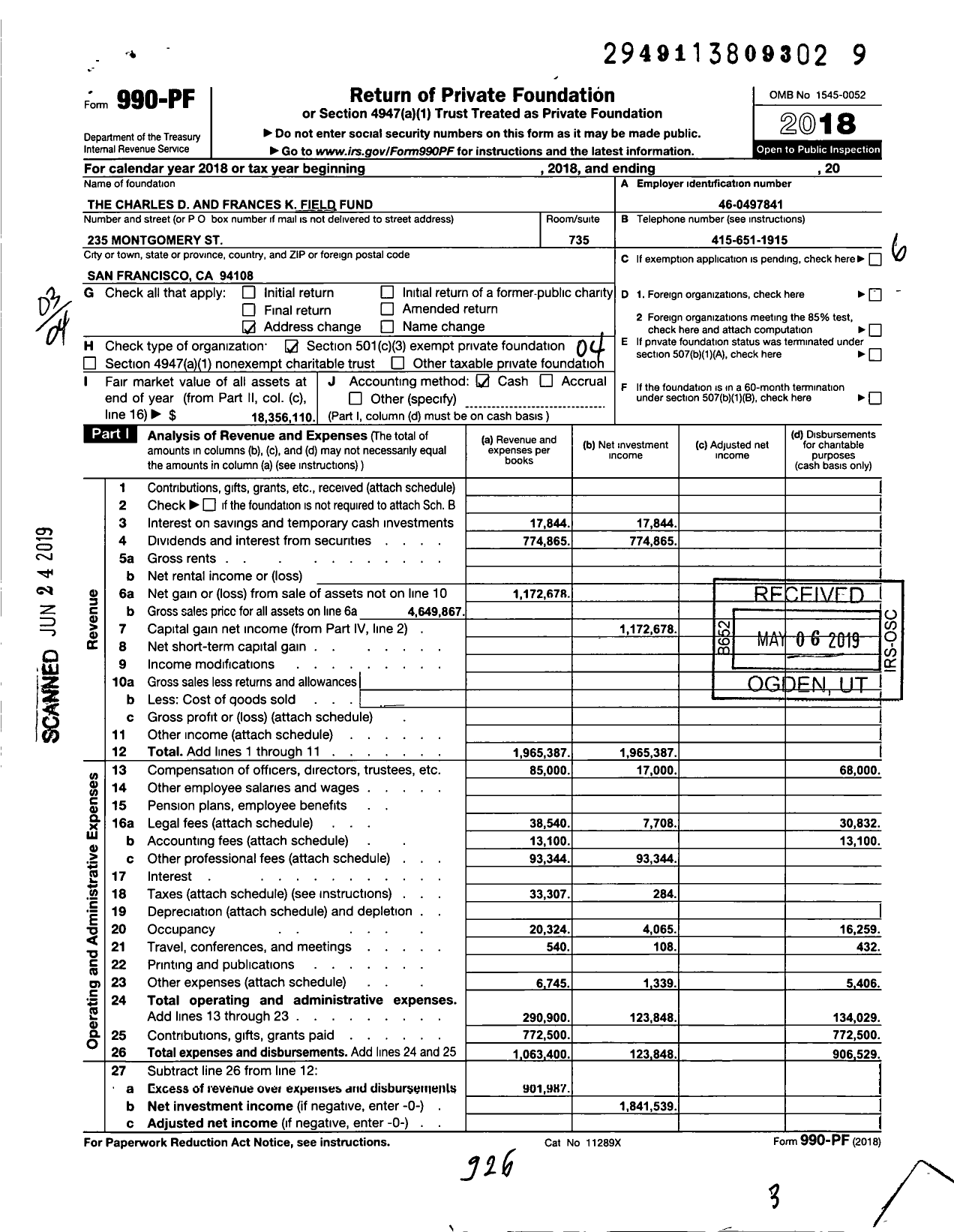Image of first page of 2018 Form 990PF for The Charles D and Frances K Field Fund