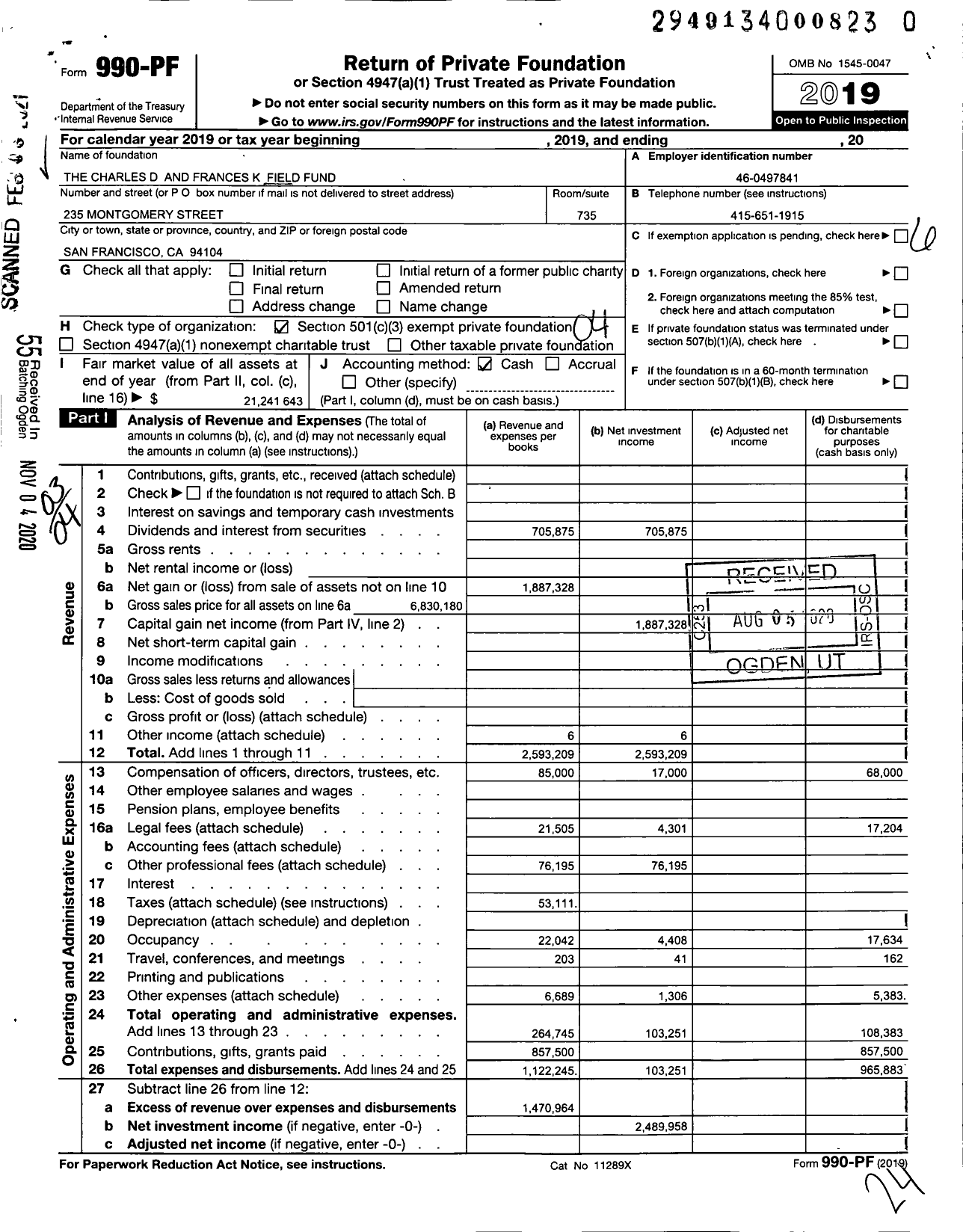 Image of first page of 2019 Form 990PF for The Charles D and Frances K Field Fund
