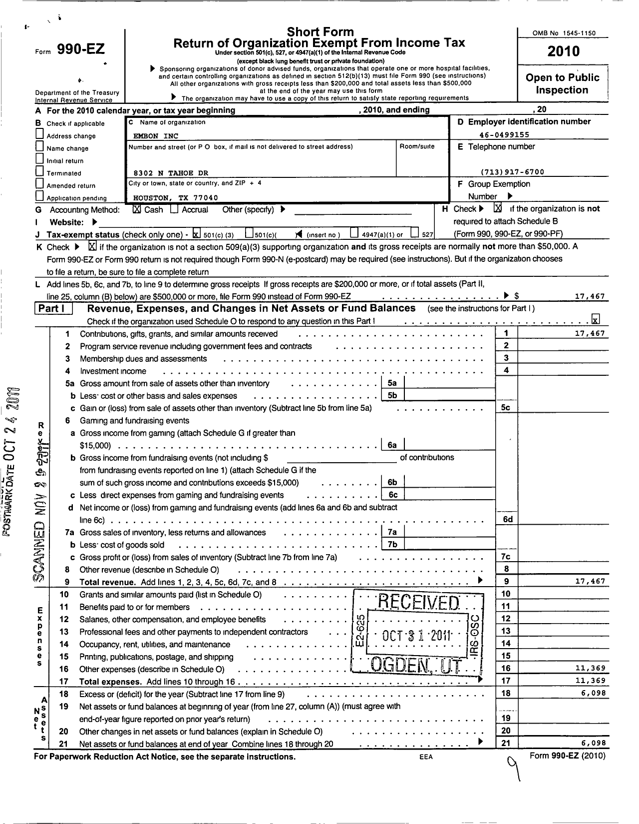 Image of first page of 2010 Form 990EZ for Embon