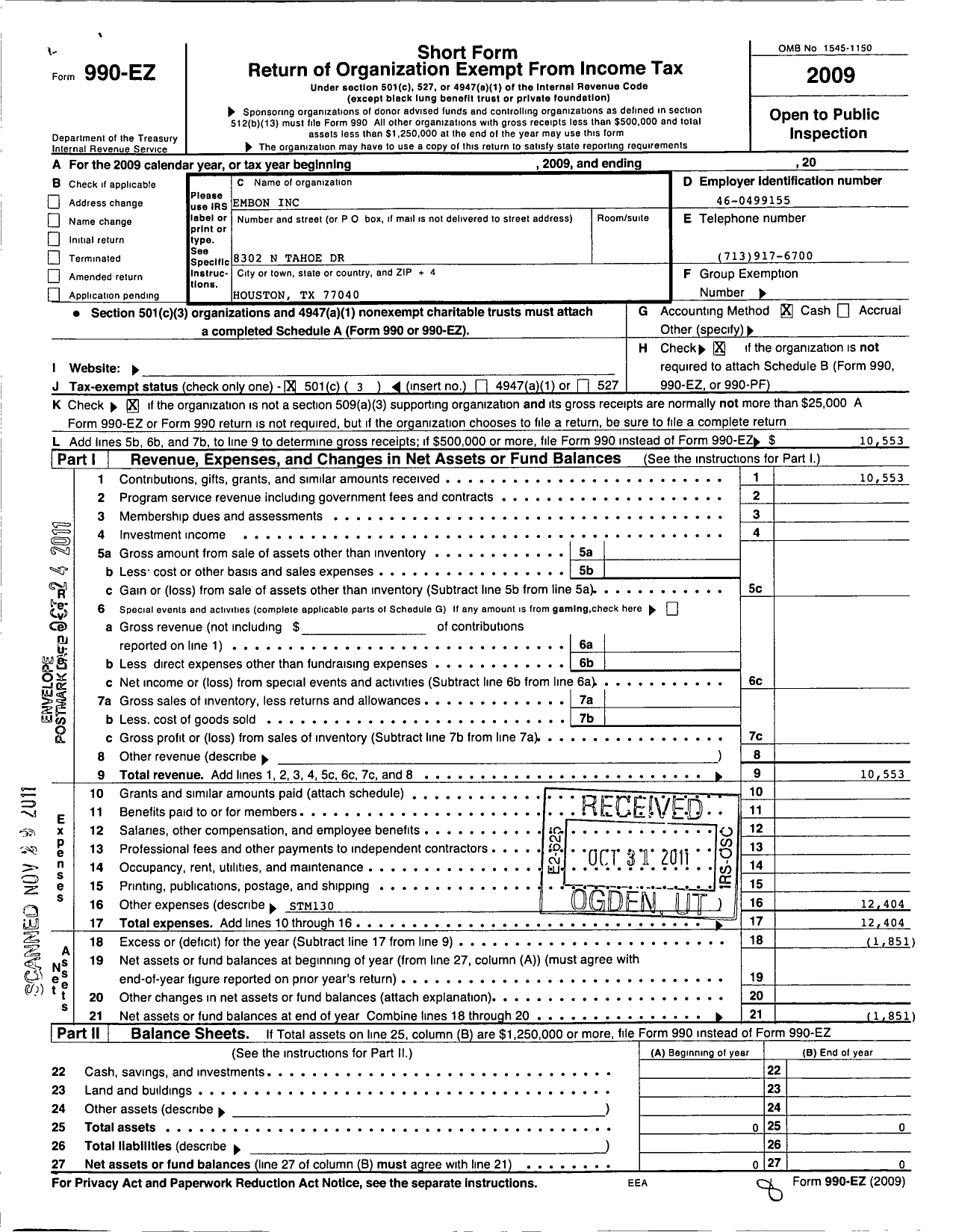 Image of first page of 2009 Form 990EZ for Embon