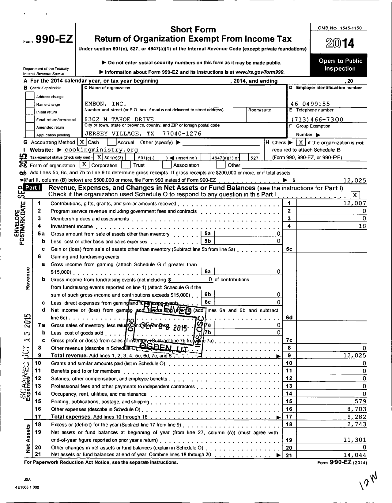 Image of first page of 2014 Form 990EZ for Embon