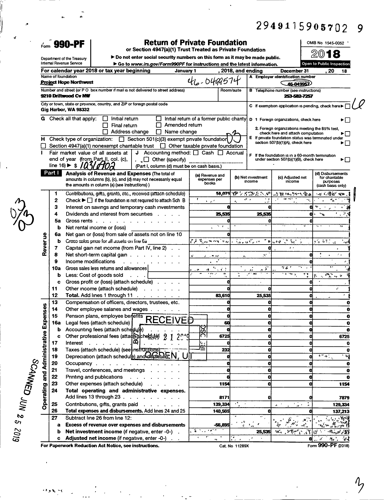 Image of first page of 2018 Form 990PF for Project Hope Northwest