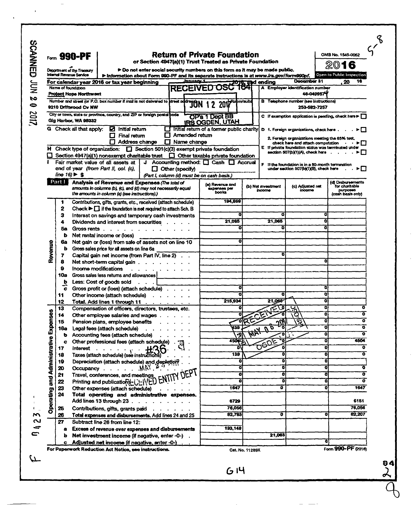 Image of first page of 2016 Form 990PF for Project Hope Northwest