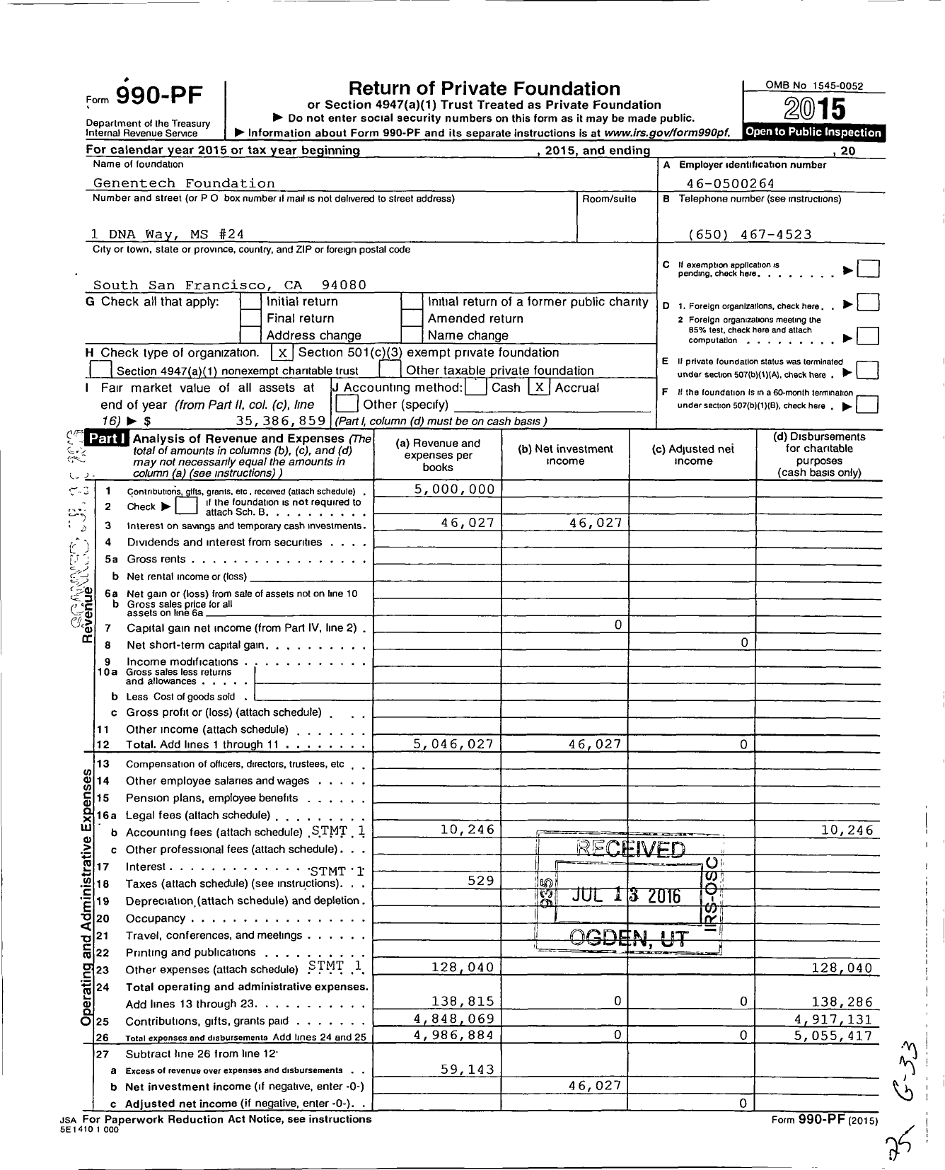 Image of first page of 2015 Form 990PF for Genentech Foundation