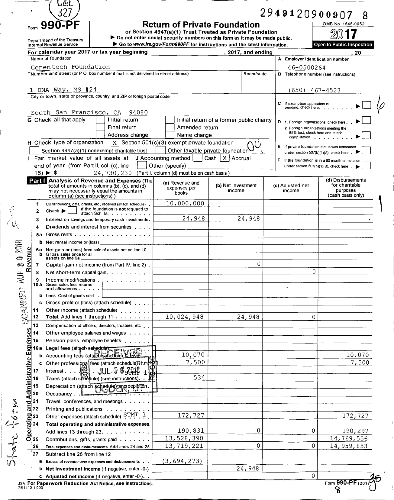 Image of first page of 2017 Form 990PF for Genentech Foundation