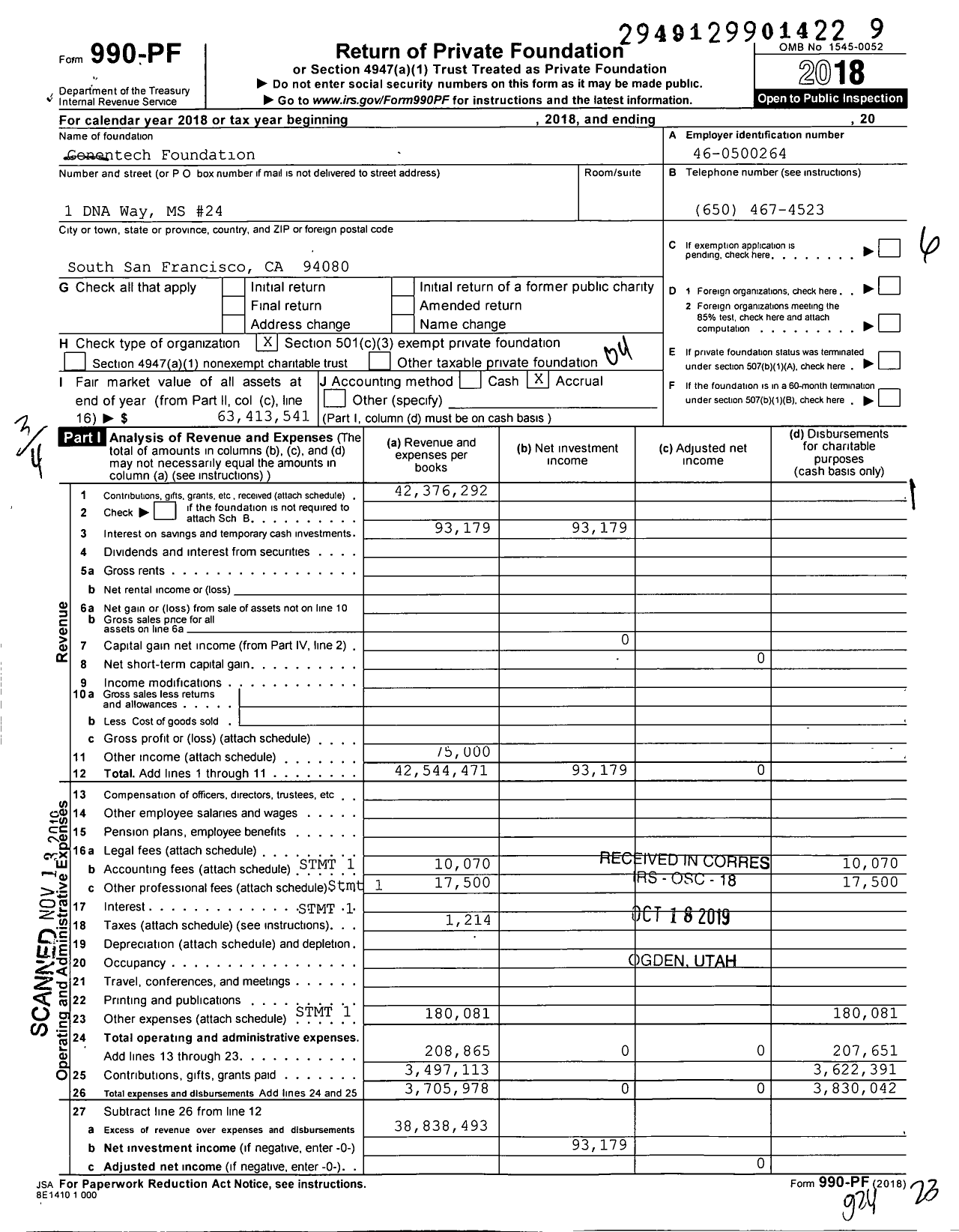 Image of first page of 2018 Form 990PF for Genentech Foundation
