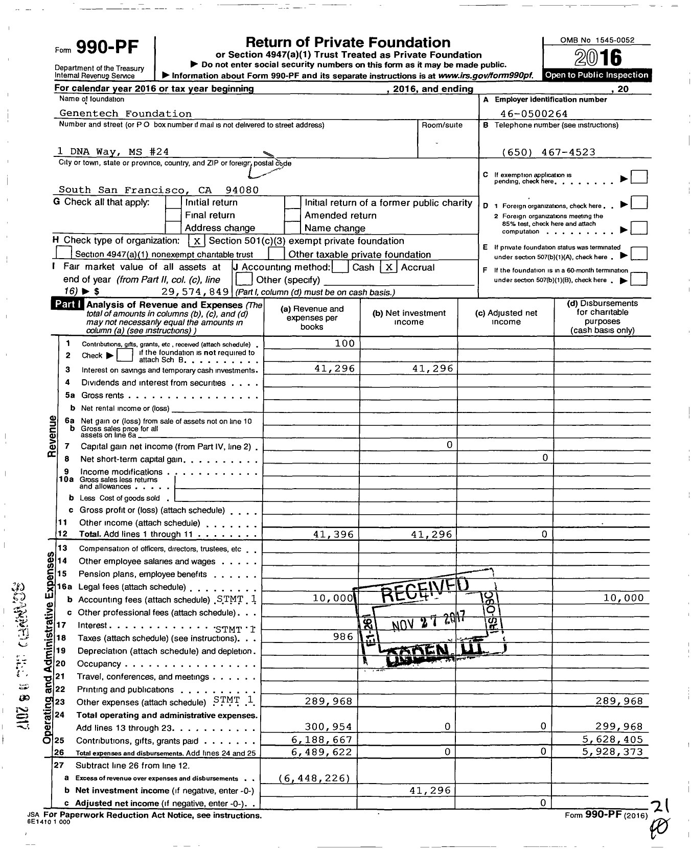 Image of first page of 2016 Form 990PF for Genentech Foundation