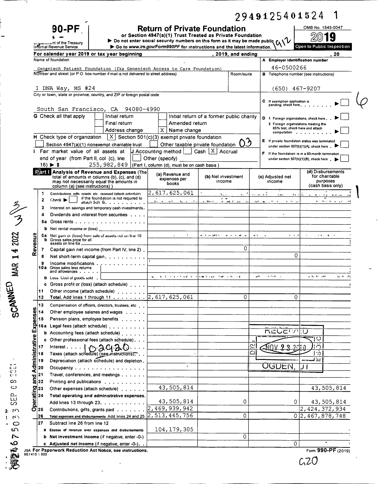 Image of first page of 2019 Form 990PF for Genentech Access To Care Foundation