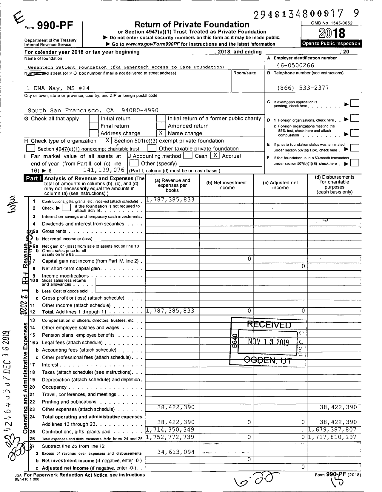Image of first page of 2018 Form 990PF for Genentech Access To Care Foundation