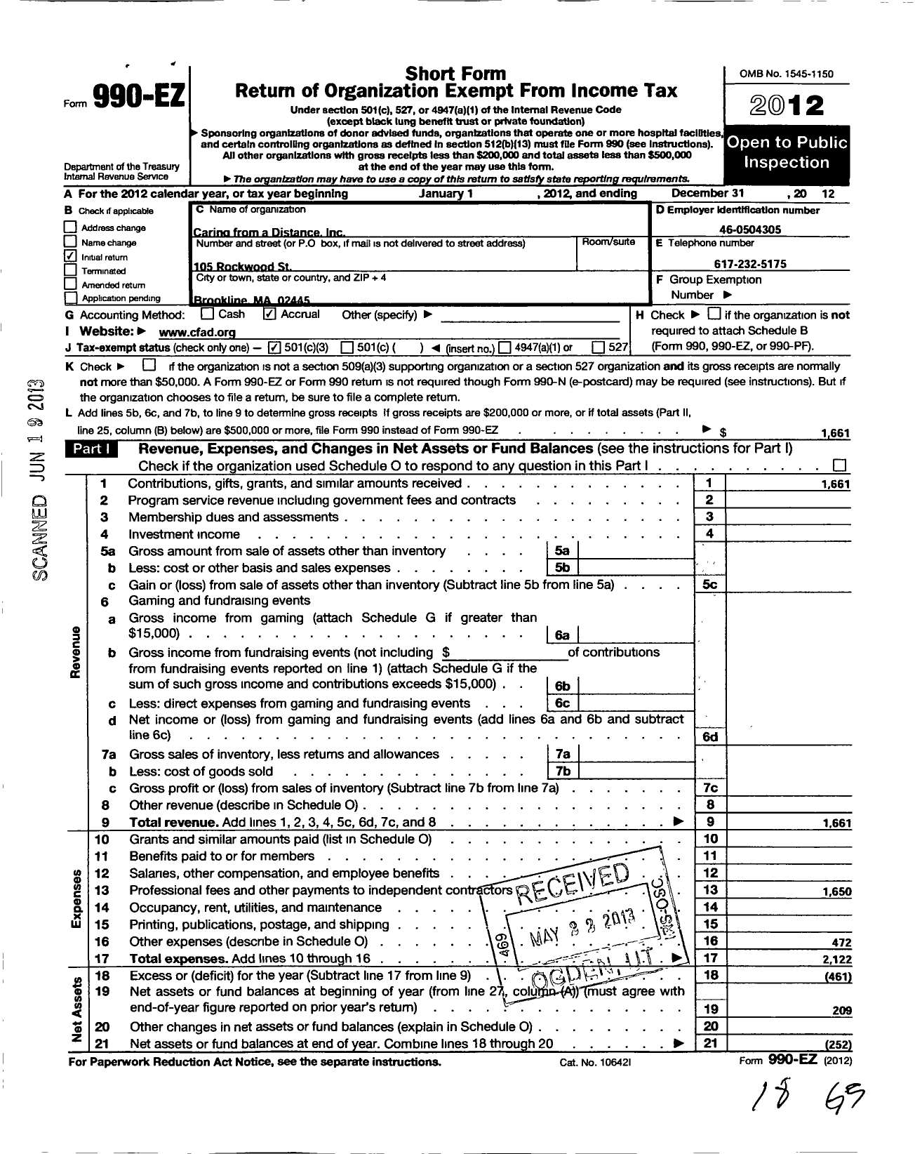 Image of first page of 2012 Form 990EZ for Caring From A Distance