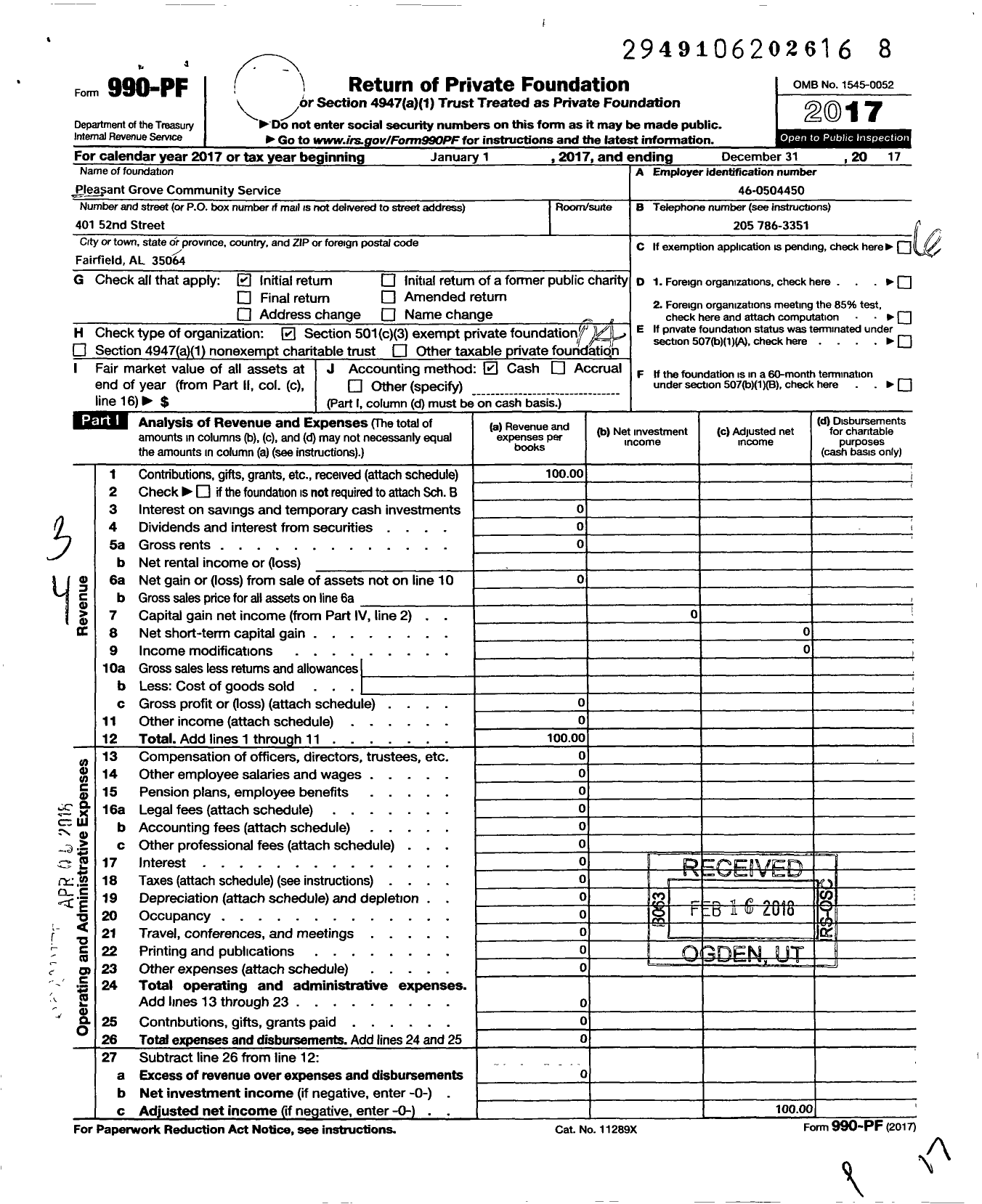 Image of first page of 2017 Form 990PF for Pleasant Grove Community Development Service Center