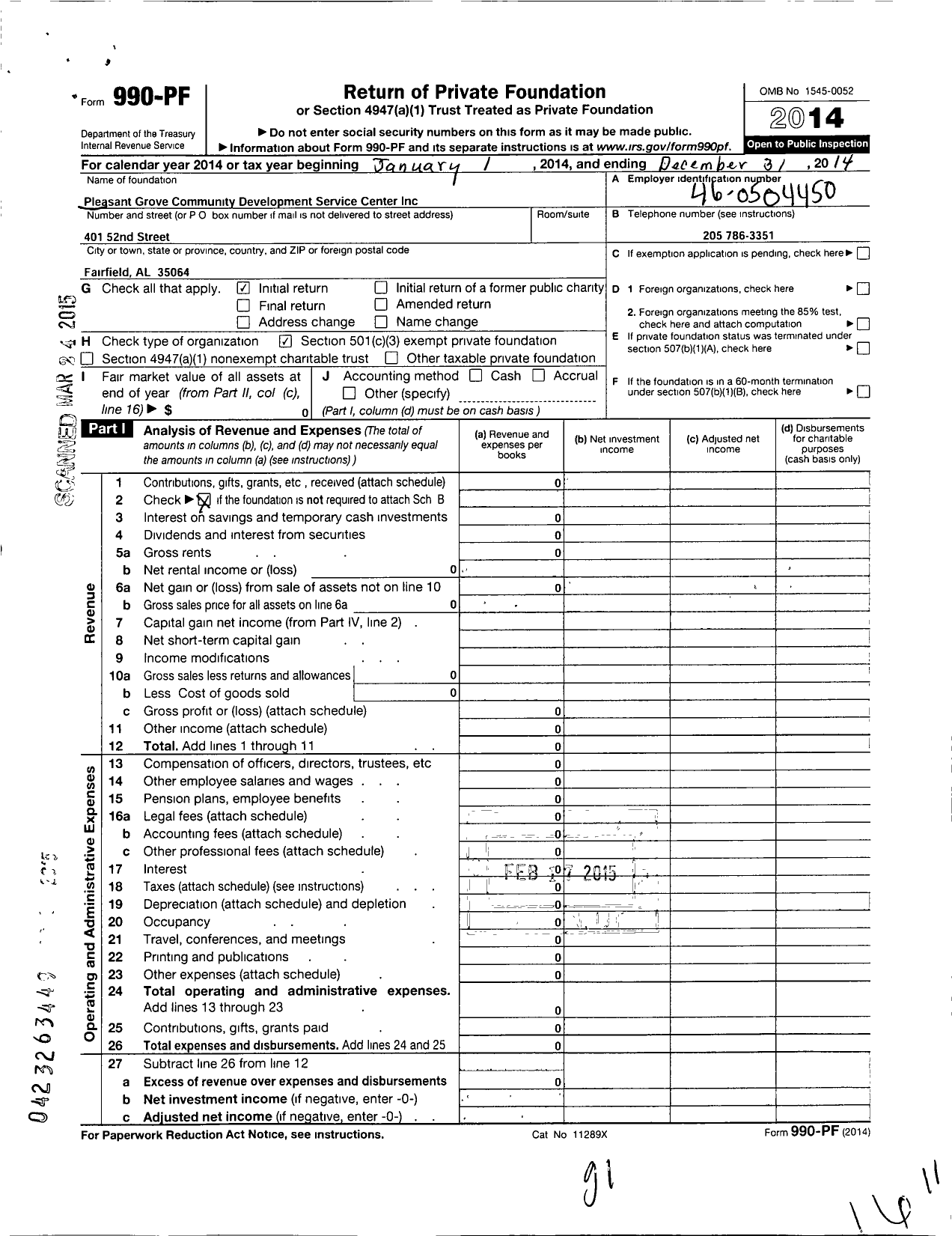 Image of first page of 2014 Form 990PF for Pleasant Grove Community Development Service Center