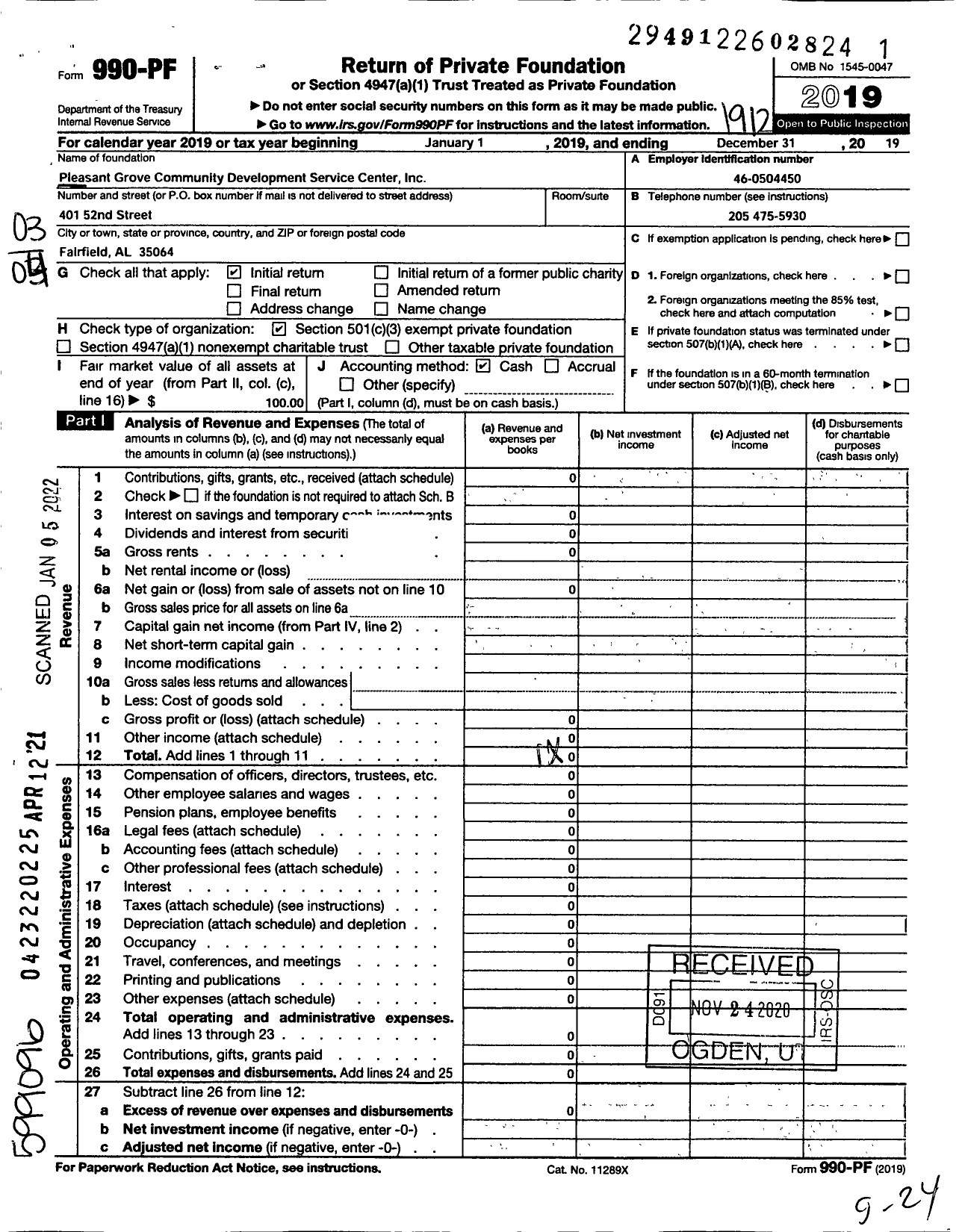 Image of first page of 2019 Form 990PF for Pleasant Grove Community Development Service Center