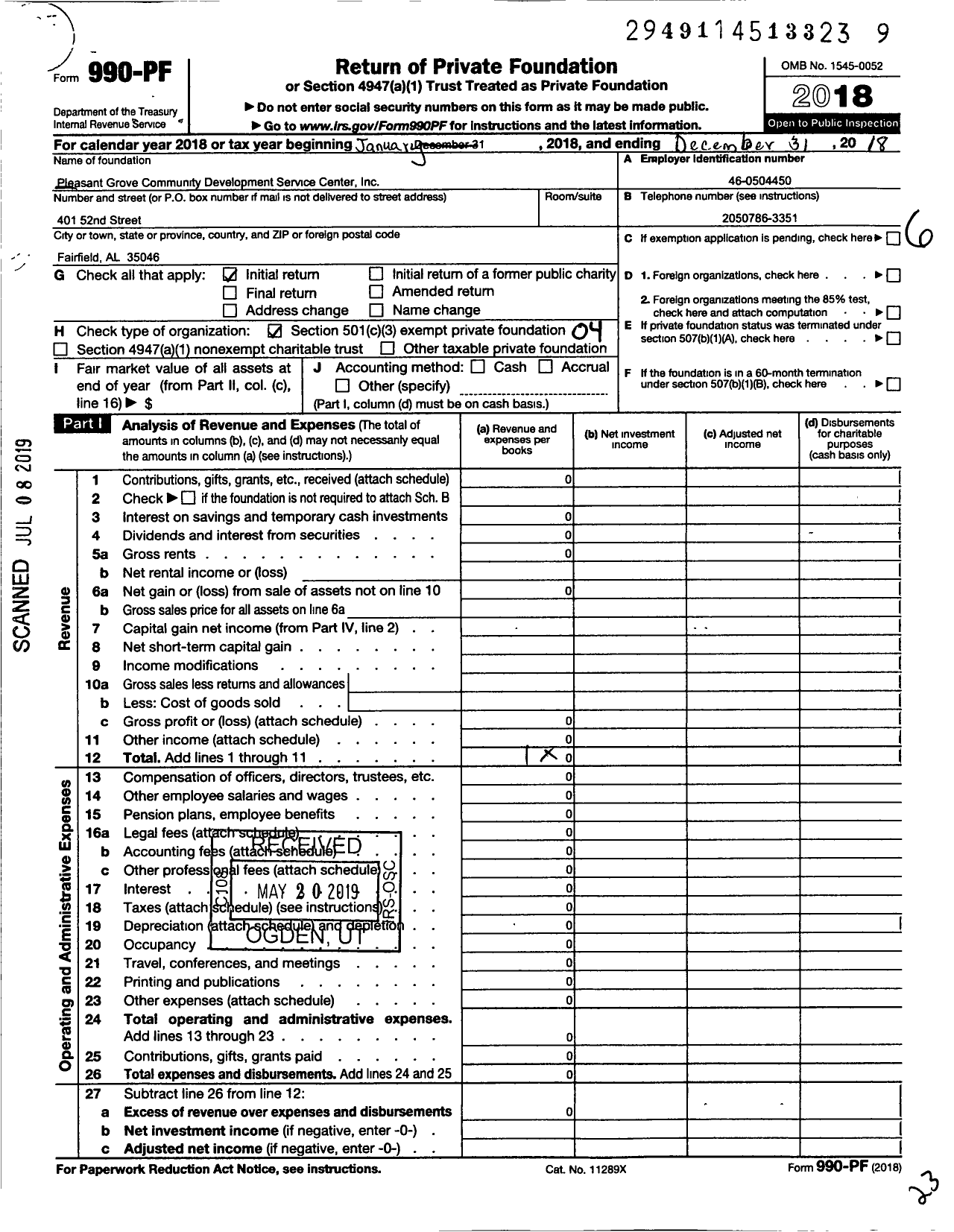 Image of first page of 2018 Form 990PF for Pleasant Grove Community Development Service Center