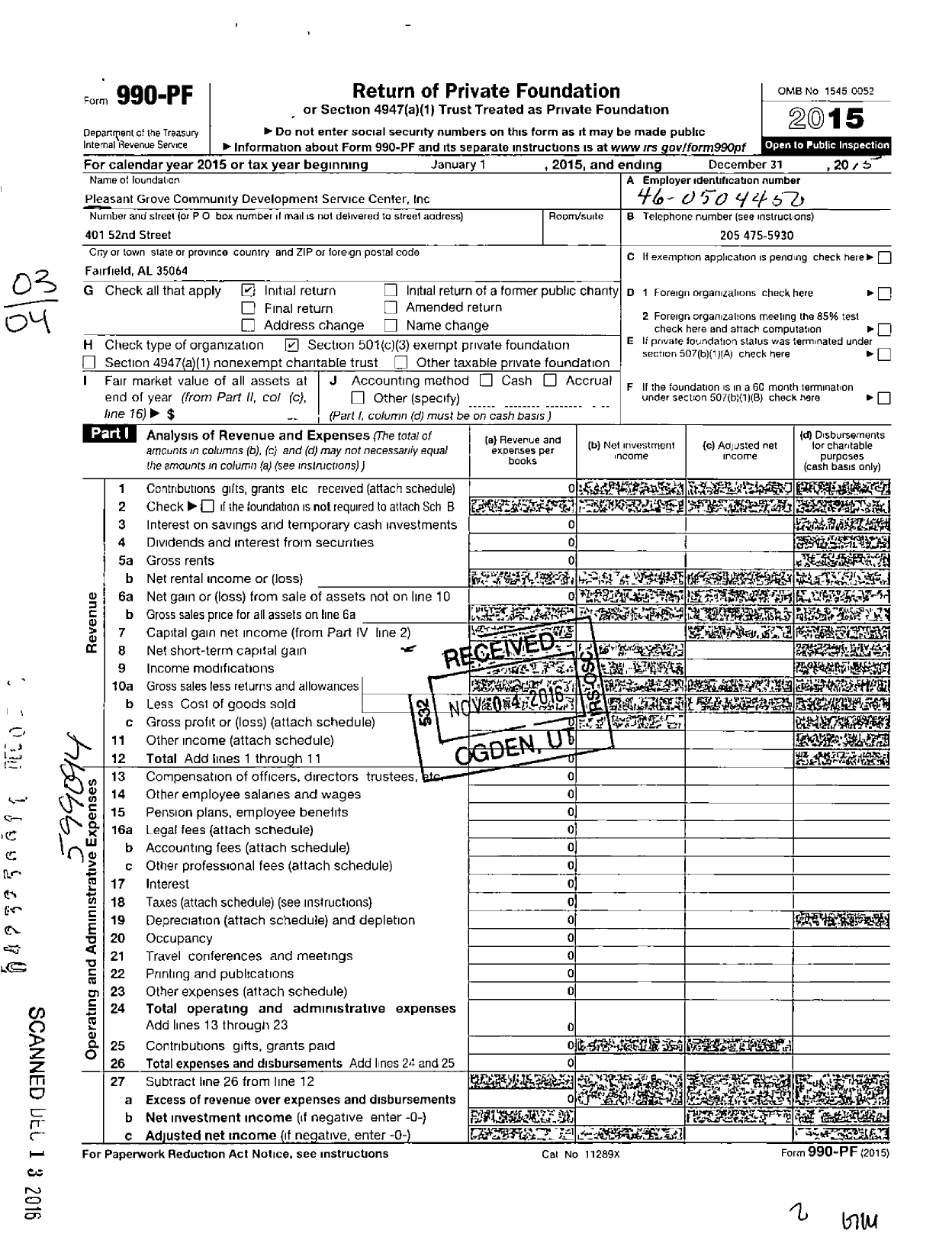 Image of first page of 2015 Form 990PF for Pleasant Grove Community Development Service Center