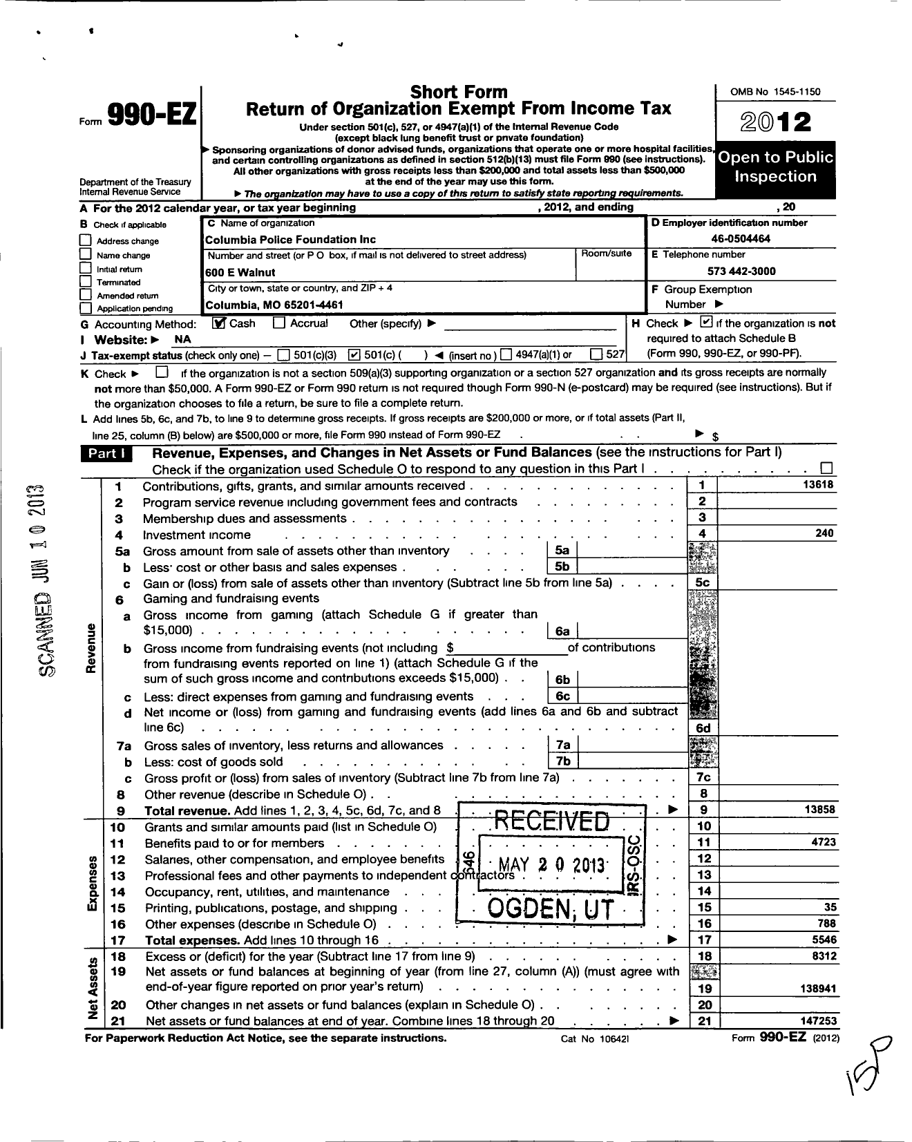 Image of first page of 2012 Form 990EO for Columbia Police Foundation