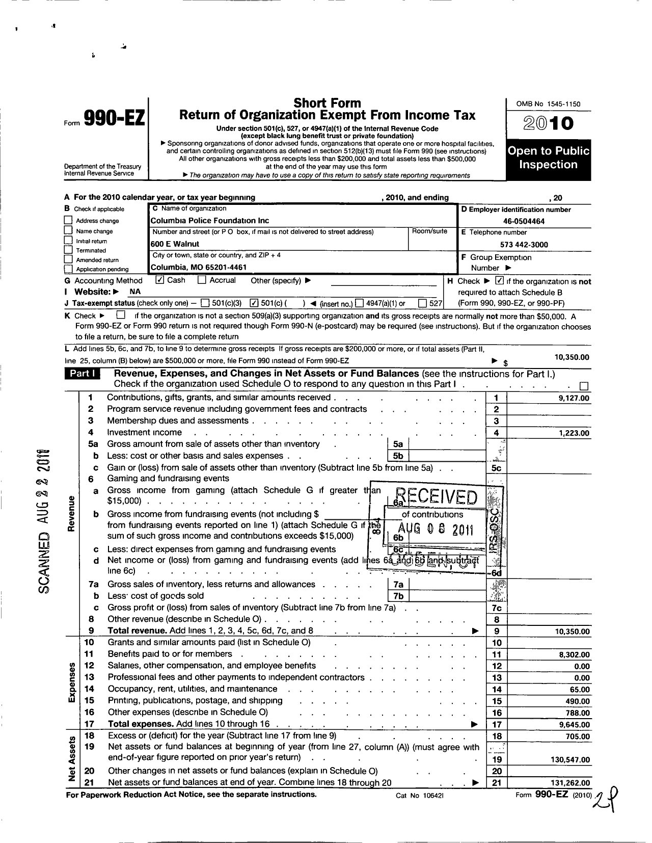 Image of first page of 2010 Form 990EO for Columbia Police Foundation