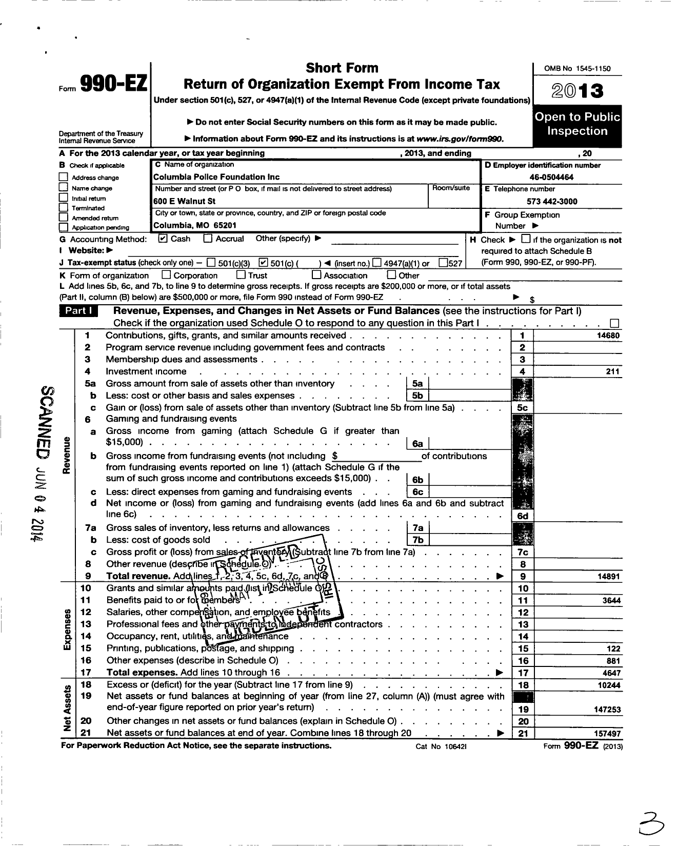 Image of first page of 2013 Form 990EO for Columbia Police Foundation