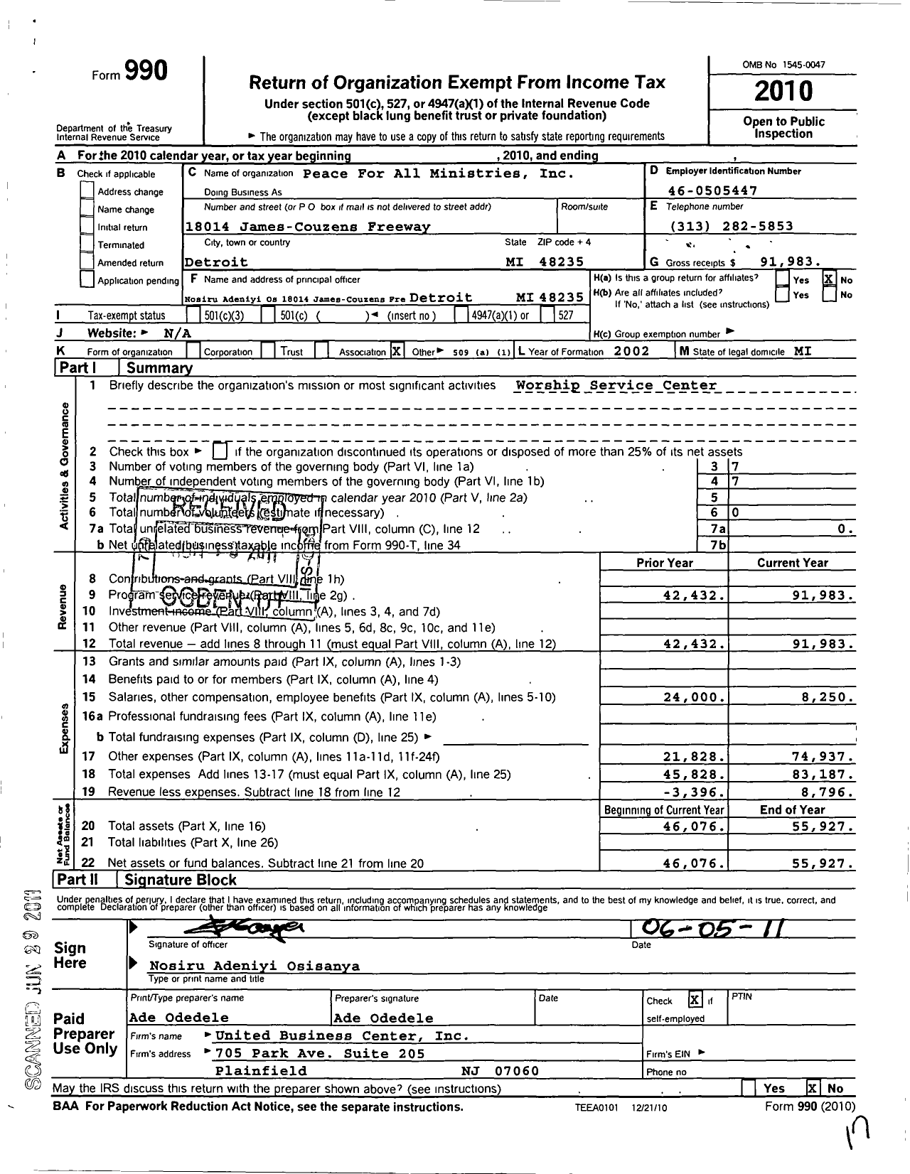 Image of first page of 2010 Form 990O for Peace for All Ministries