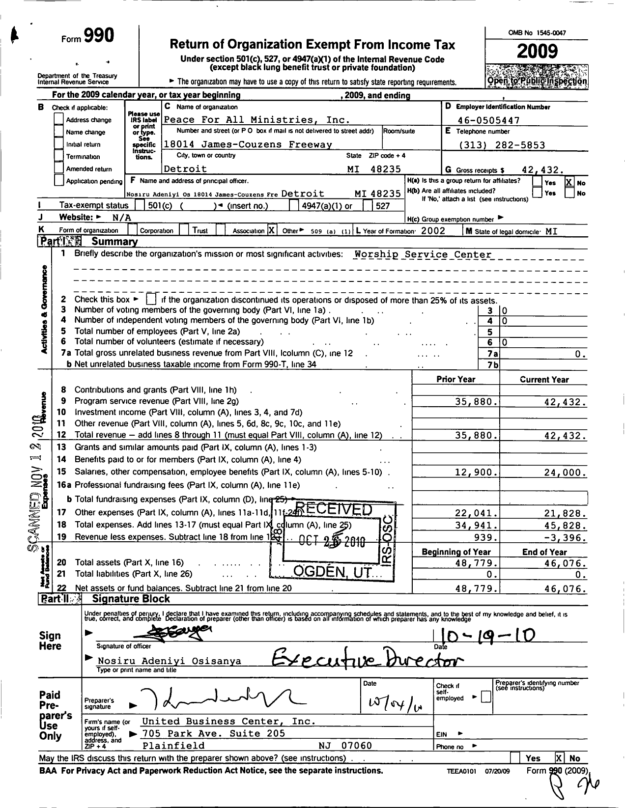 Image of first page of 2009 Form 990O for Peace for All Ministries