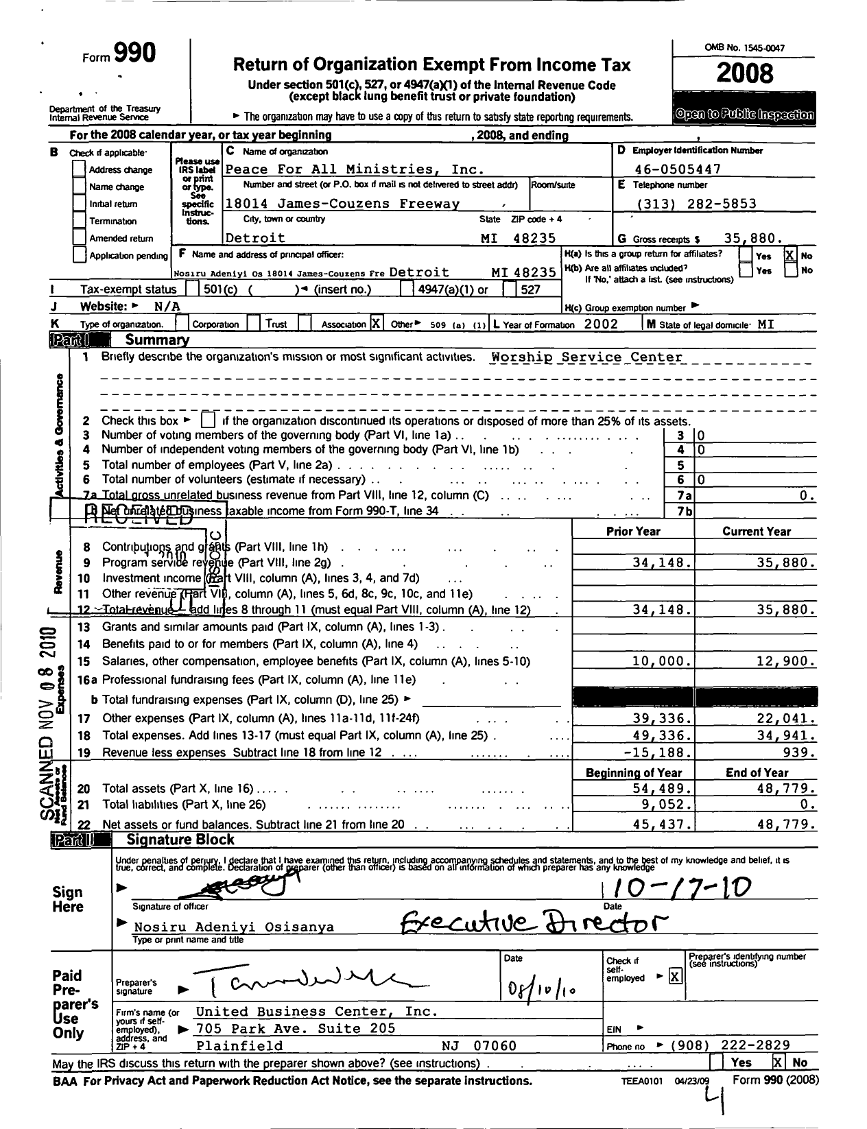 Image of first page of 2008 Form 990O for Peace for All Ministries