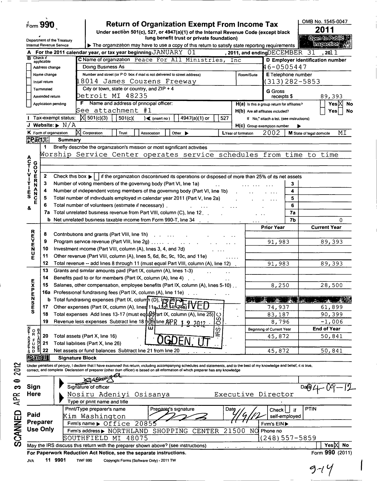 Image of first page of 2011 Form 990 for Peace for All Ministries