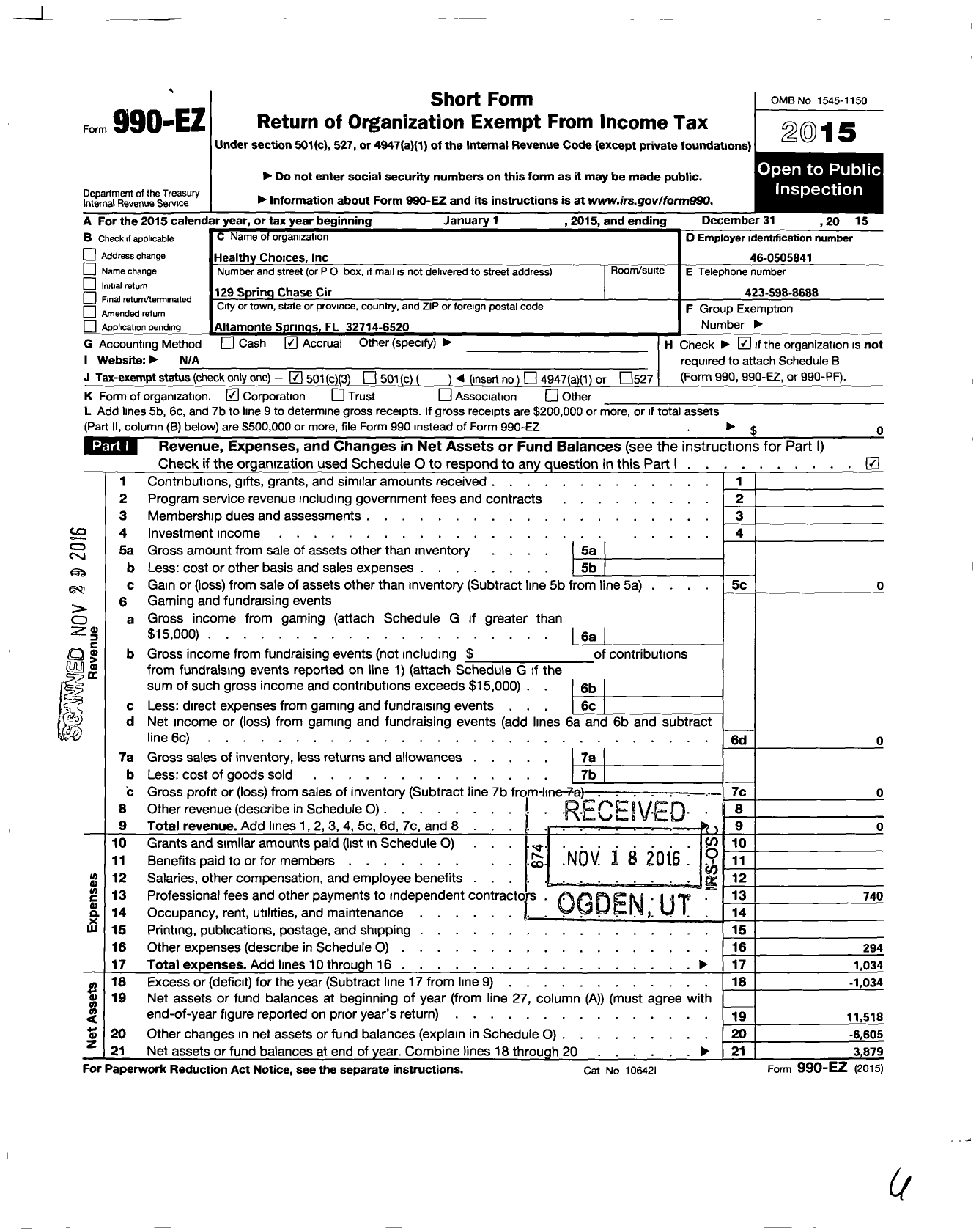 Image of first page of 2015 Form 990EZ for Healthy Choices / Adventist Chip Association