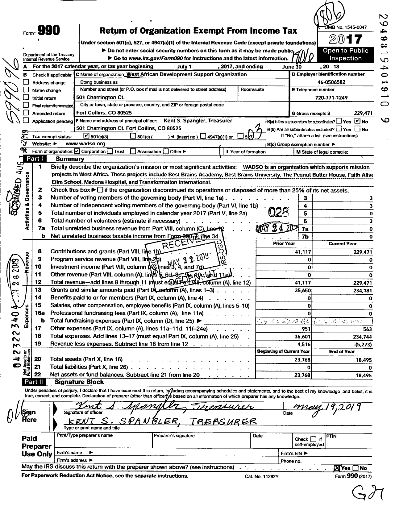 Image of first page of 2017 Form 990 for West African Development Support Organization