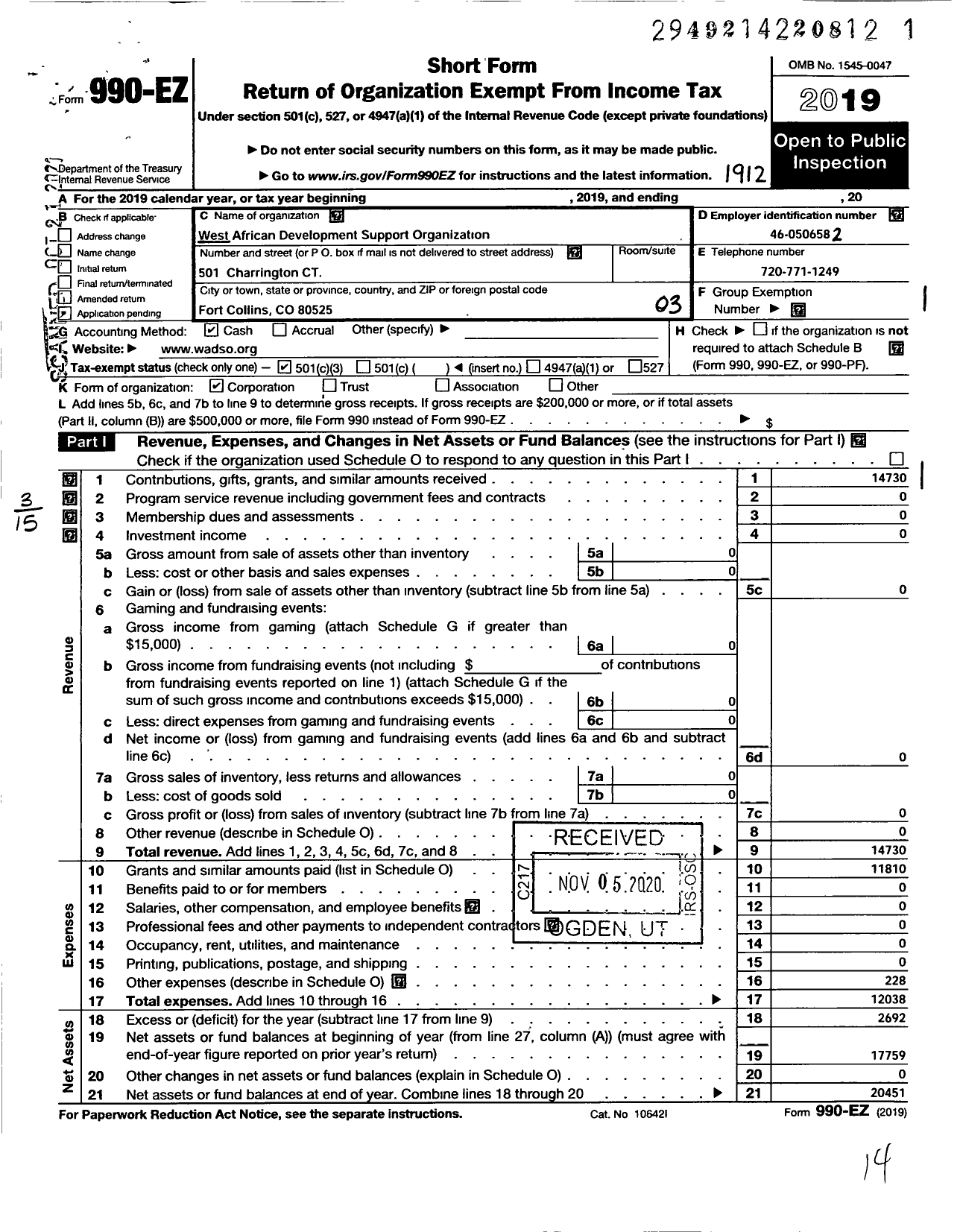 Image of first page of 2019 Form 990EZ for West African Development Support Organization