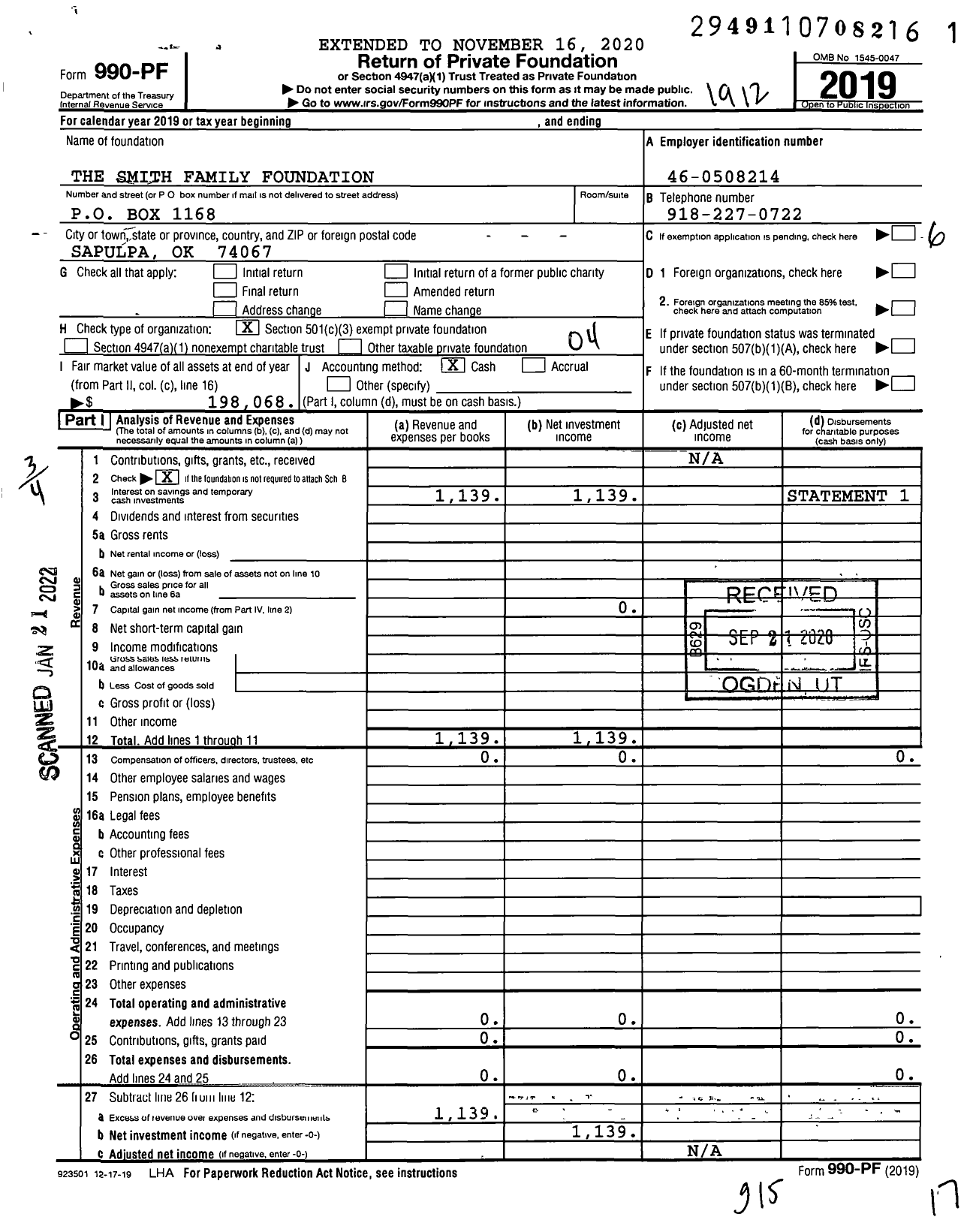 Image of first page of 2019 Form 990PF for The Smith Family Foundation