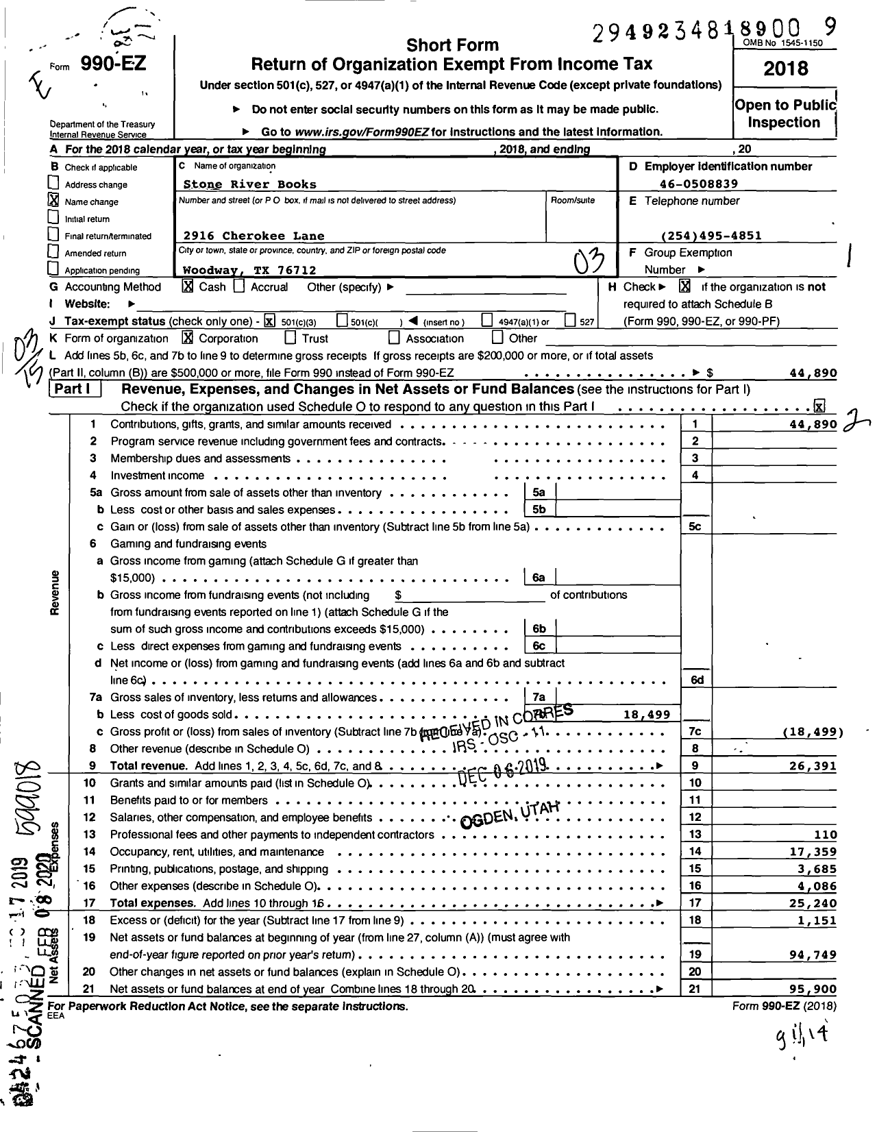 Image of first page of 2018 Form 990EZ for Stone River Books