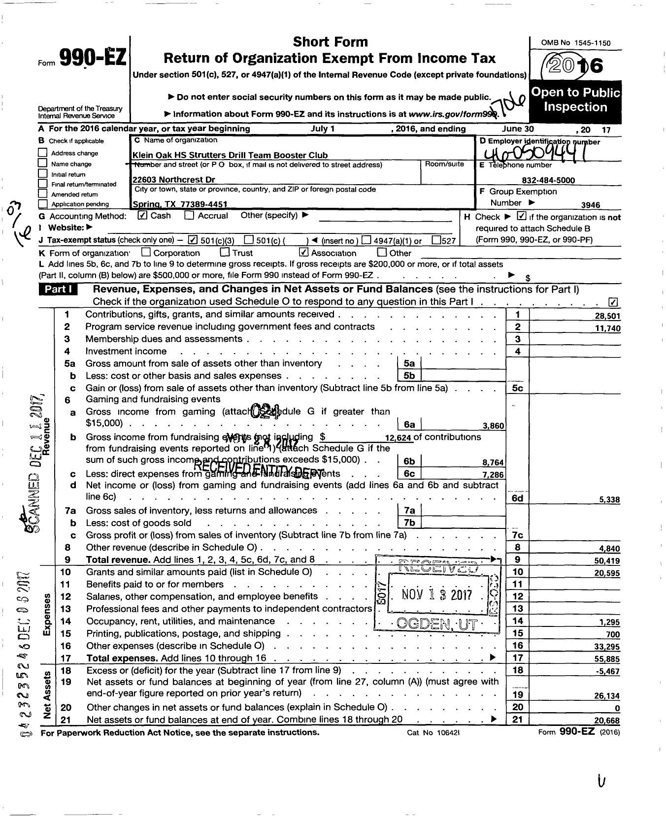 Image of first page of 2016 Form 990EZ for Klein Support Groups / Klein Oak HS Strutters Drill Team B