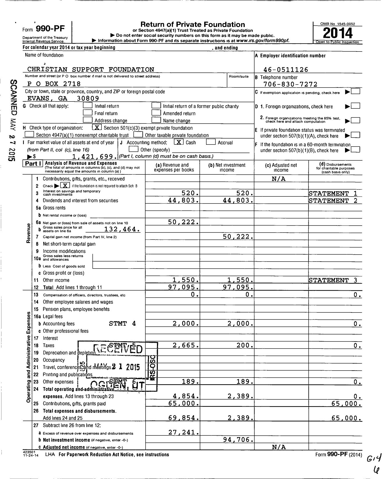 Image of first page of 2014 Form 990PF for Christian Support Foundation