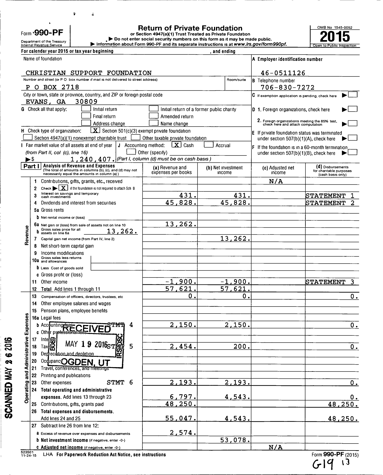 Image of first page of 2015 Form 990PF for Christian Support Foundation