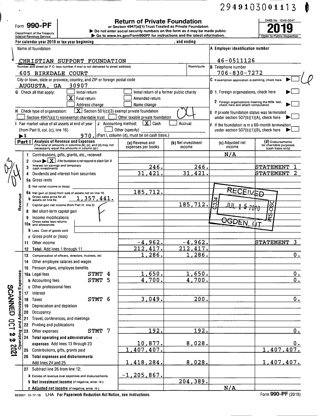 Image of first page of 2019 Form 990PF for Christian Support Foundation