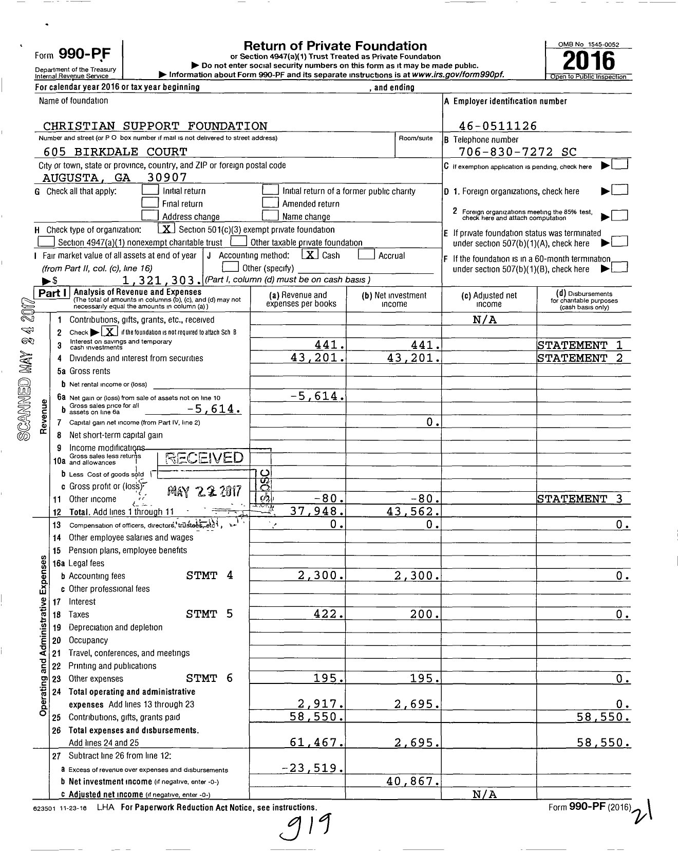 Image of first page of 2016 Form 990PF for Christian Support Foundation