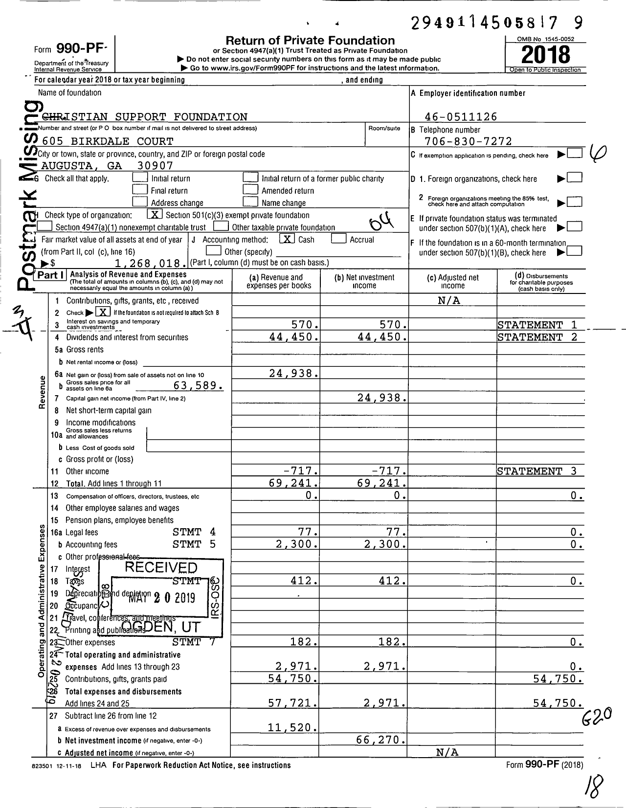 Image of first page of 2018 Form 990PF for Christian Support Foundation
