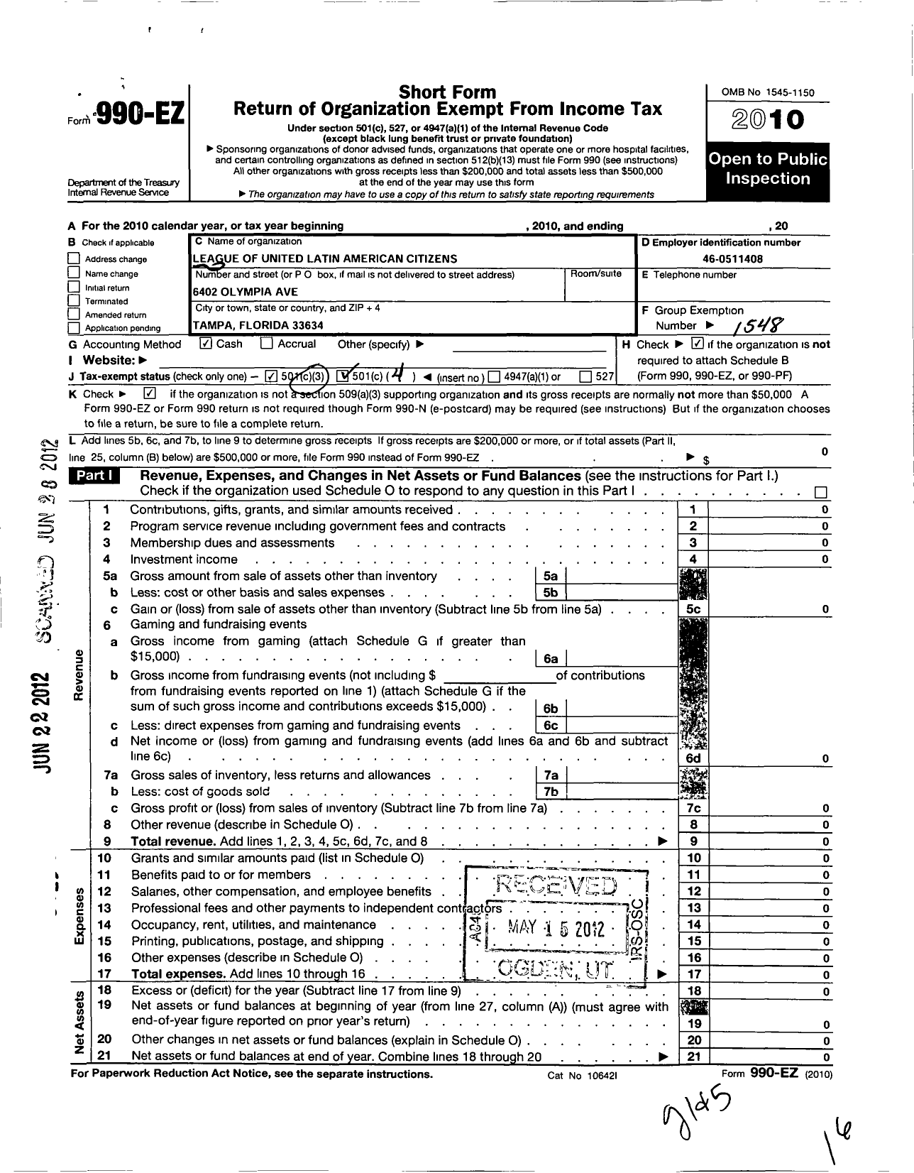 Image of first page of 2010 Form 990EO for League of United Latin American Citizens - 7082 South County Lulac Council