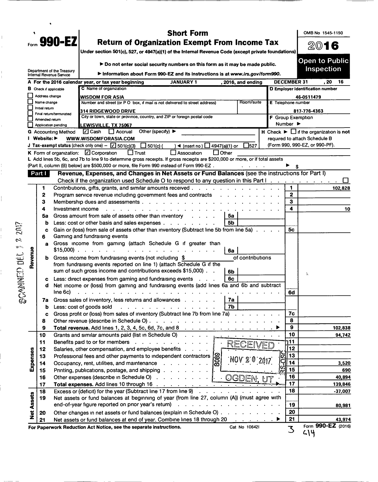 Image of first page of 2016 Form 990EZ for Wisdom for Asia Ministries