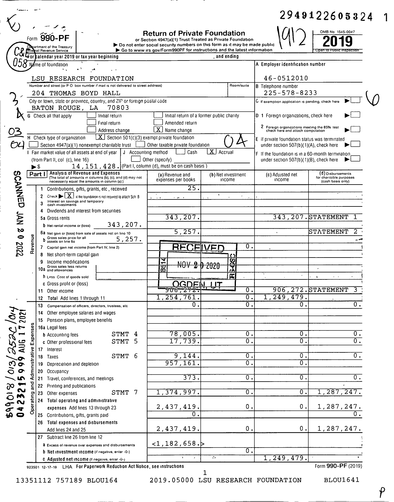 Image of first page of 2019 Form 990PF for Lsu Research Foundation