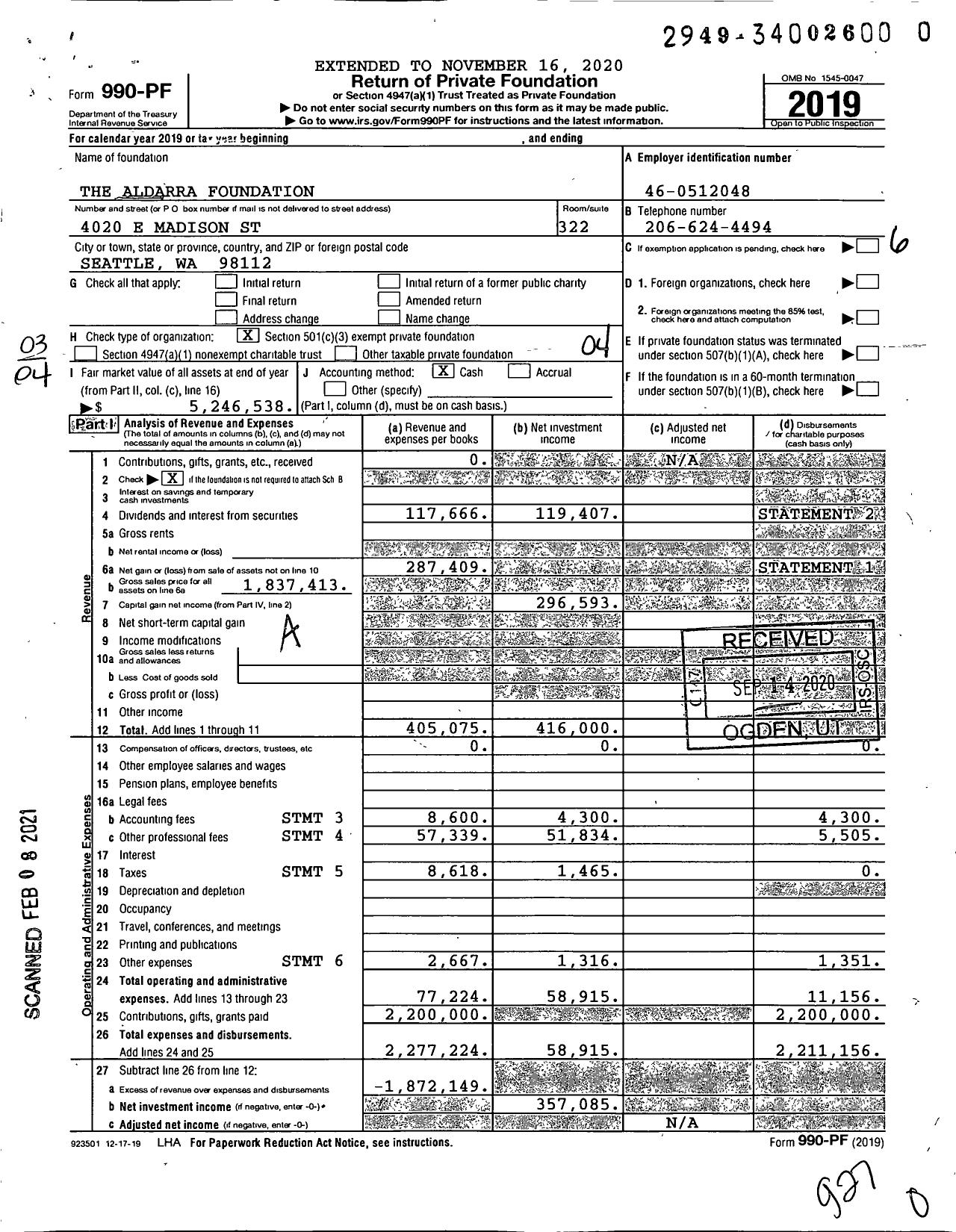 Image of first page of 2019 Form 990PF for Aldarra Foundation