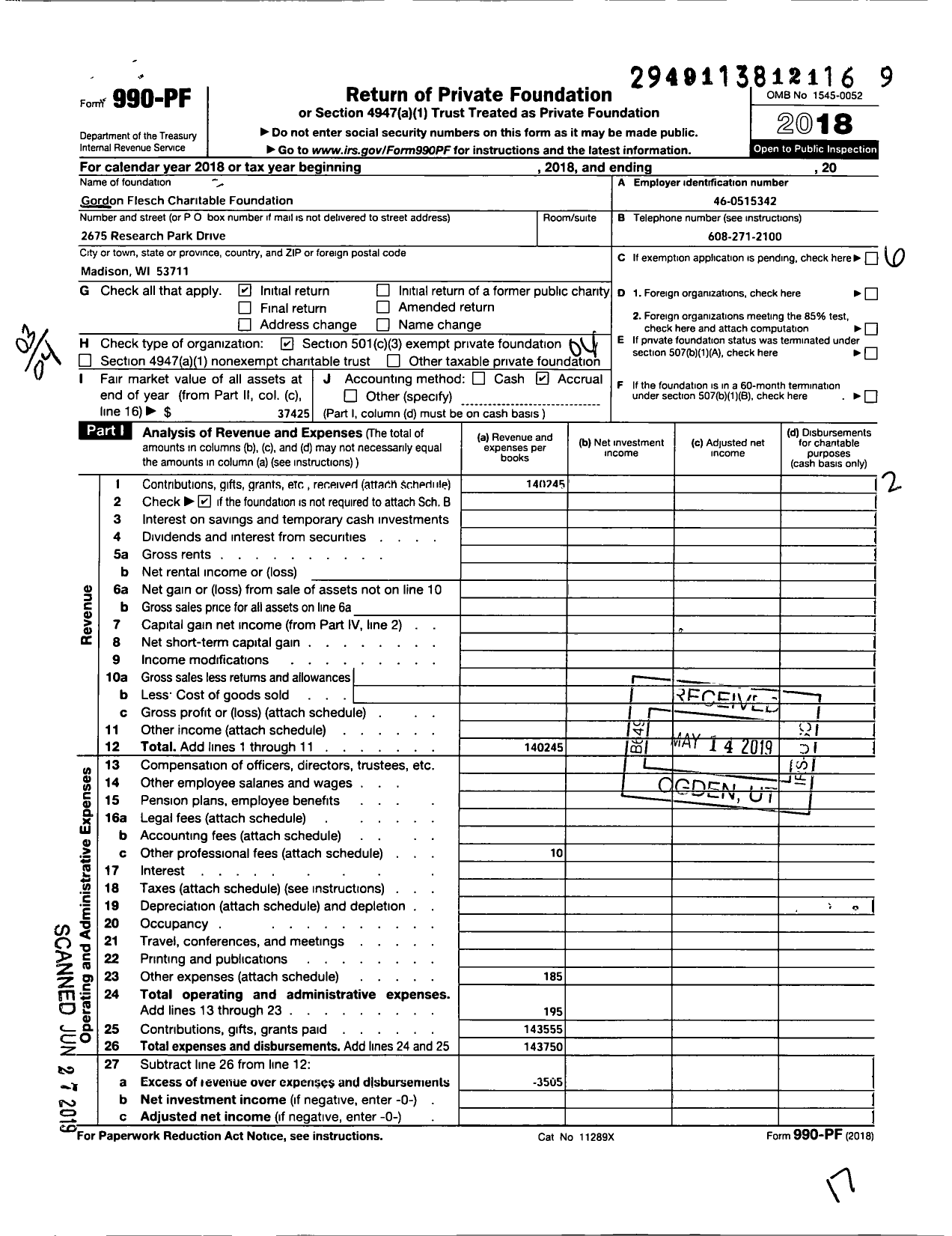 Image of first page of 2018 Form 990PF for Gordon Flesch Charitable Foundation