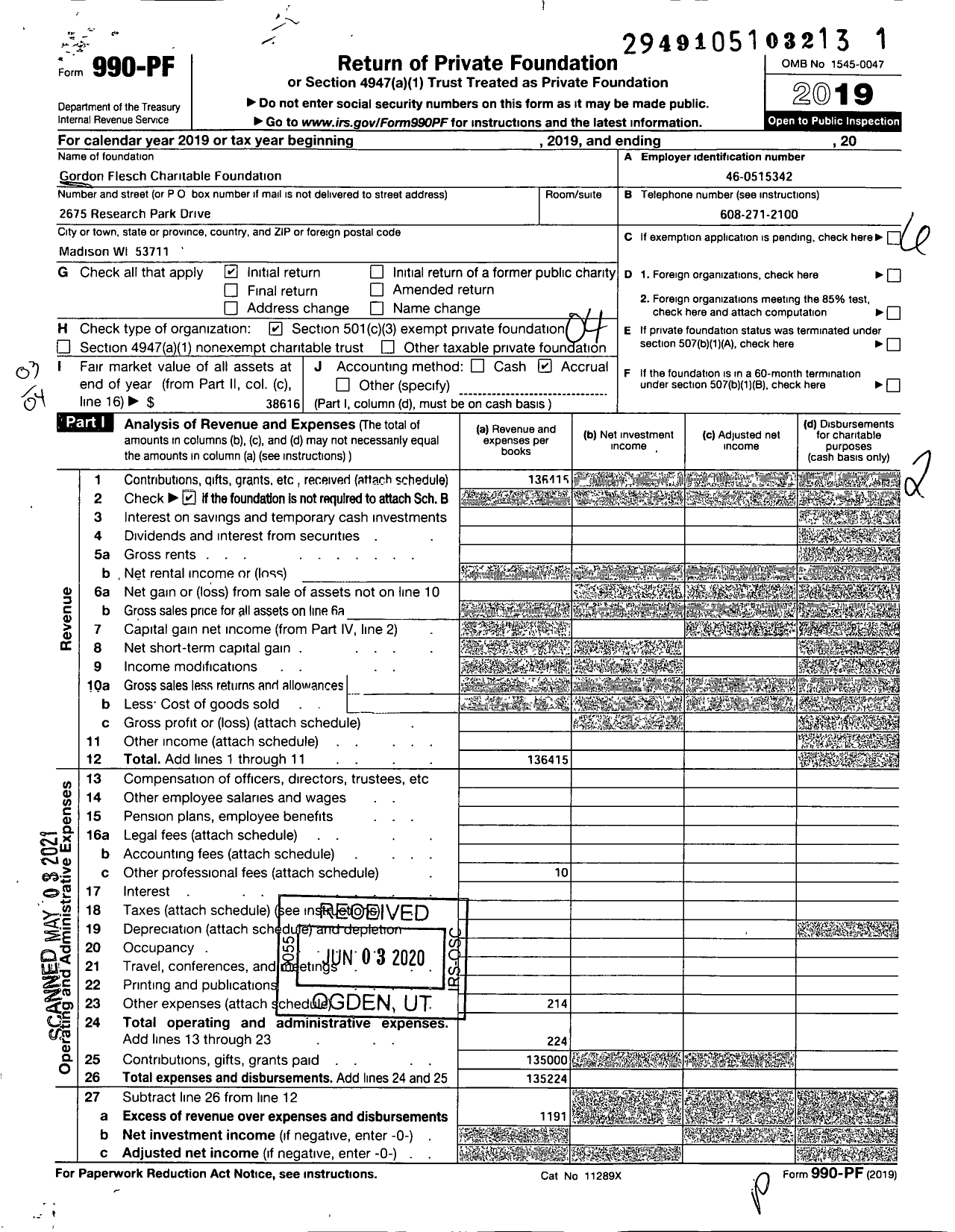 Image of first page of 2019 Form 990PF for Gordon Flesch Charitable Foundation