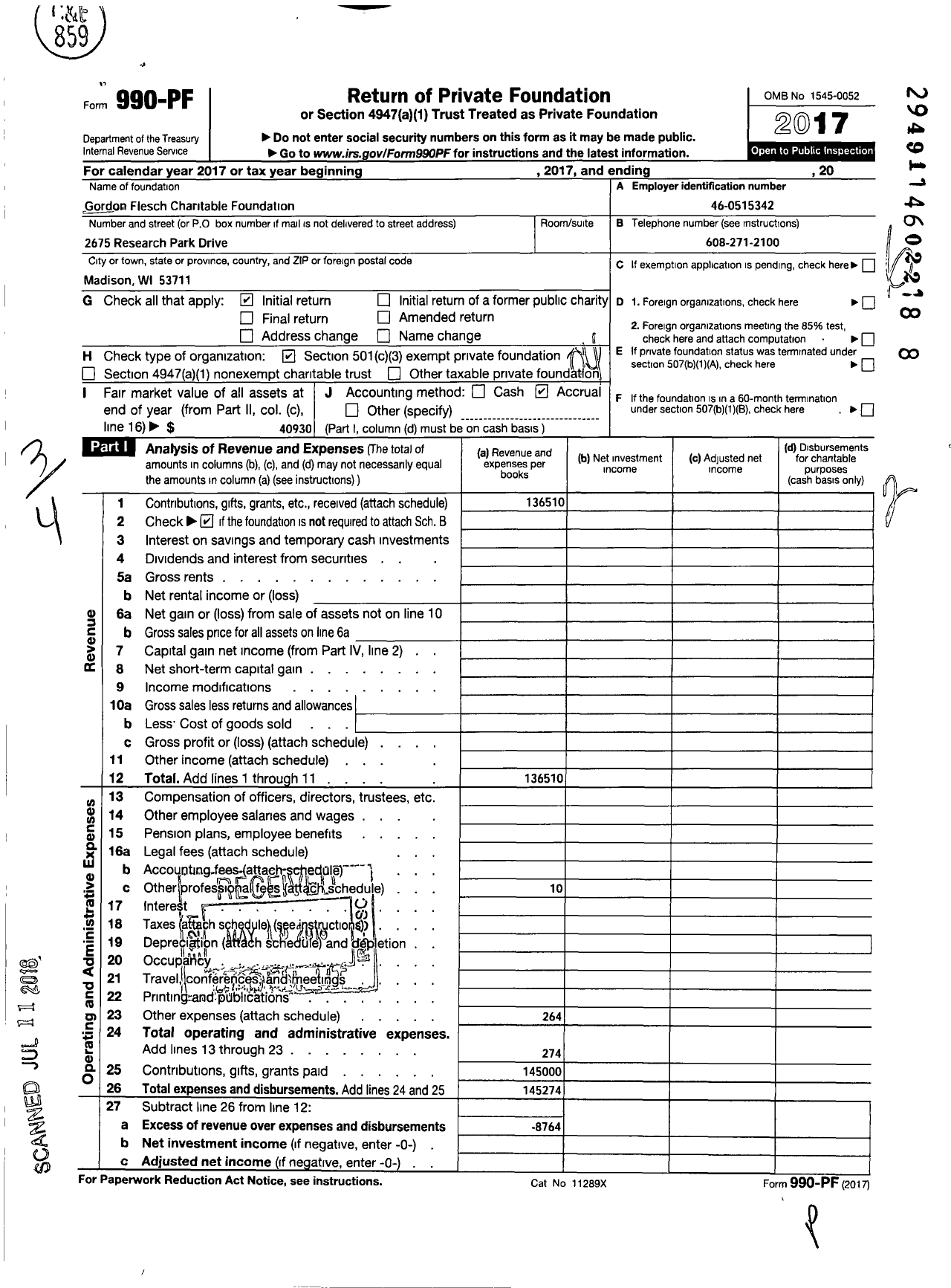 Image of first page of 2017 Form 990PF for Gordon Flesch Charitable Foundation