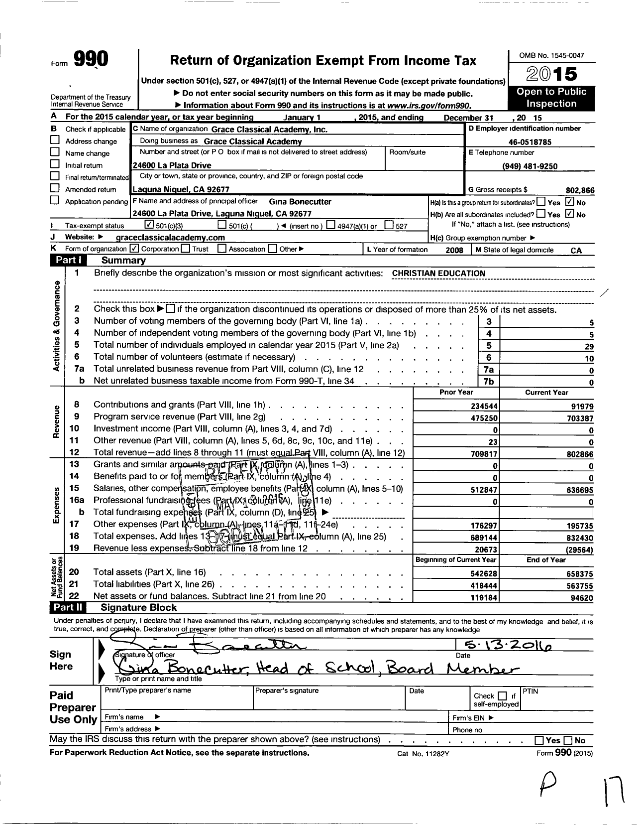 Image of first page of 2015 Form 990 for Grace Classical Academy