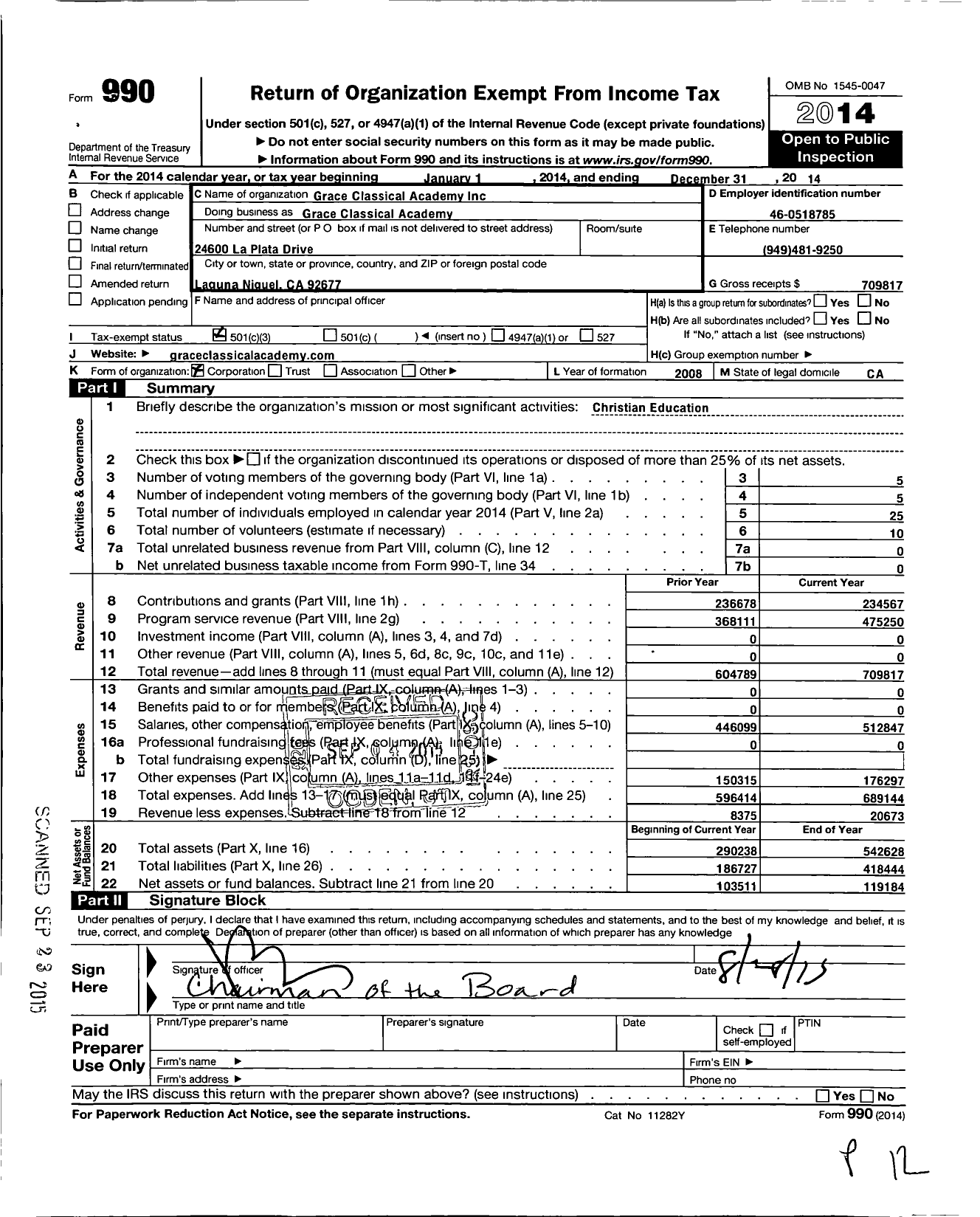 Image of first page of 2014 Form 990 for Grace Classical Academy